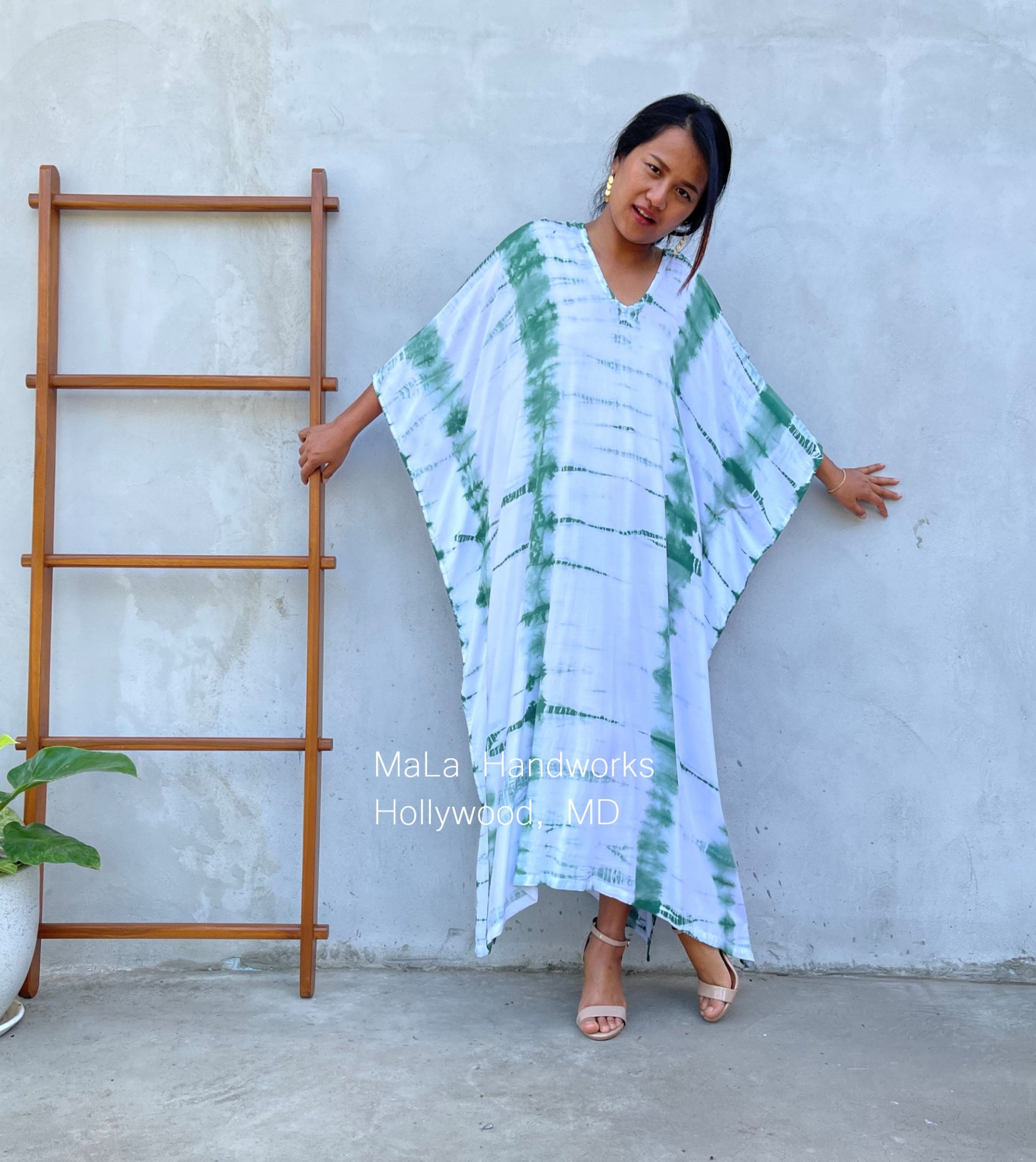 MALA handworks  Mala Kaftan in White and Green Tie Dye