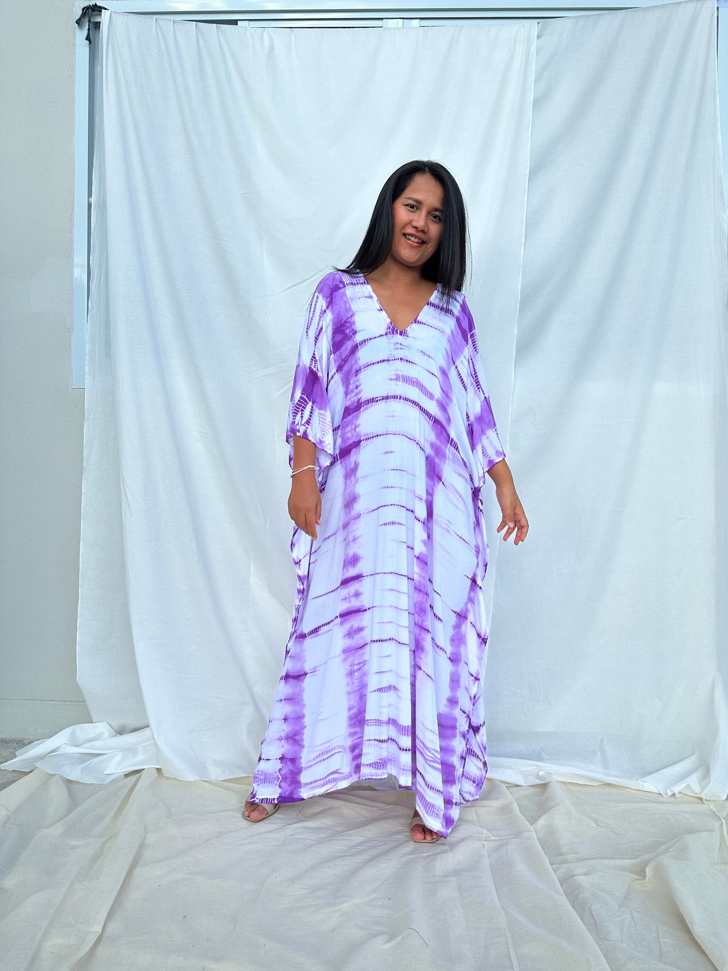 MALA handworks Mala Kaftan in White and Lavender Tie Dye