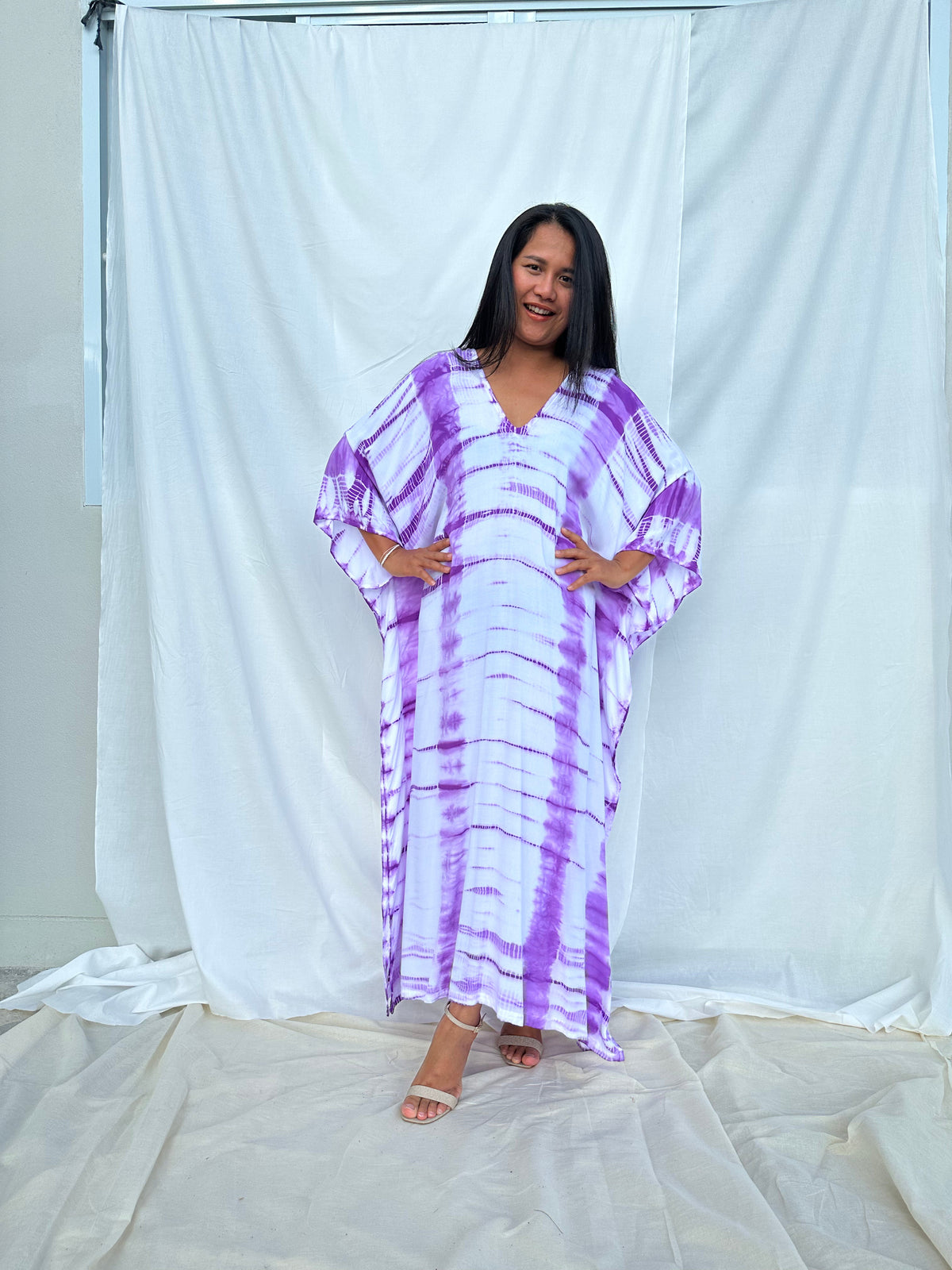 MALA handworks Mala Kaftan in White and Lavender Tie Dye