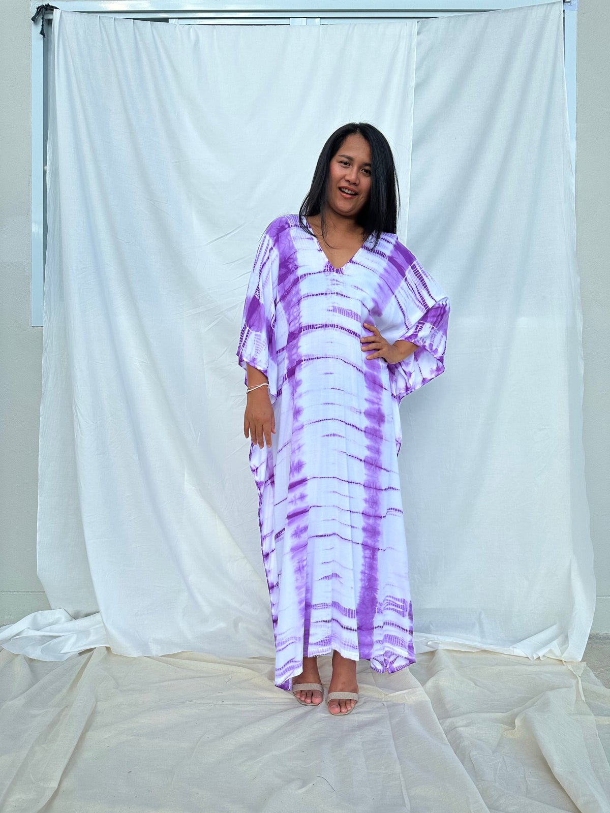 MALA handworks Mala Kaftan in White and Lavender Tie Dye