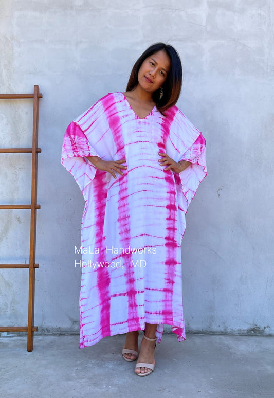 MALA handworks  Mala Kaftan in White and Pink Tie Dye