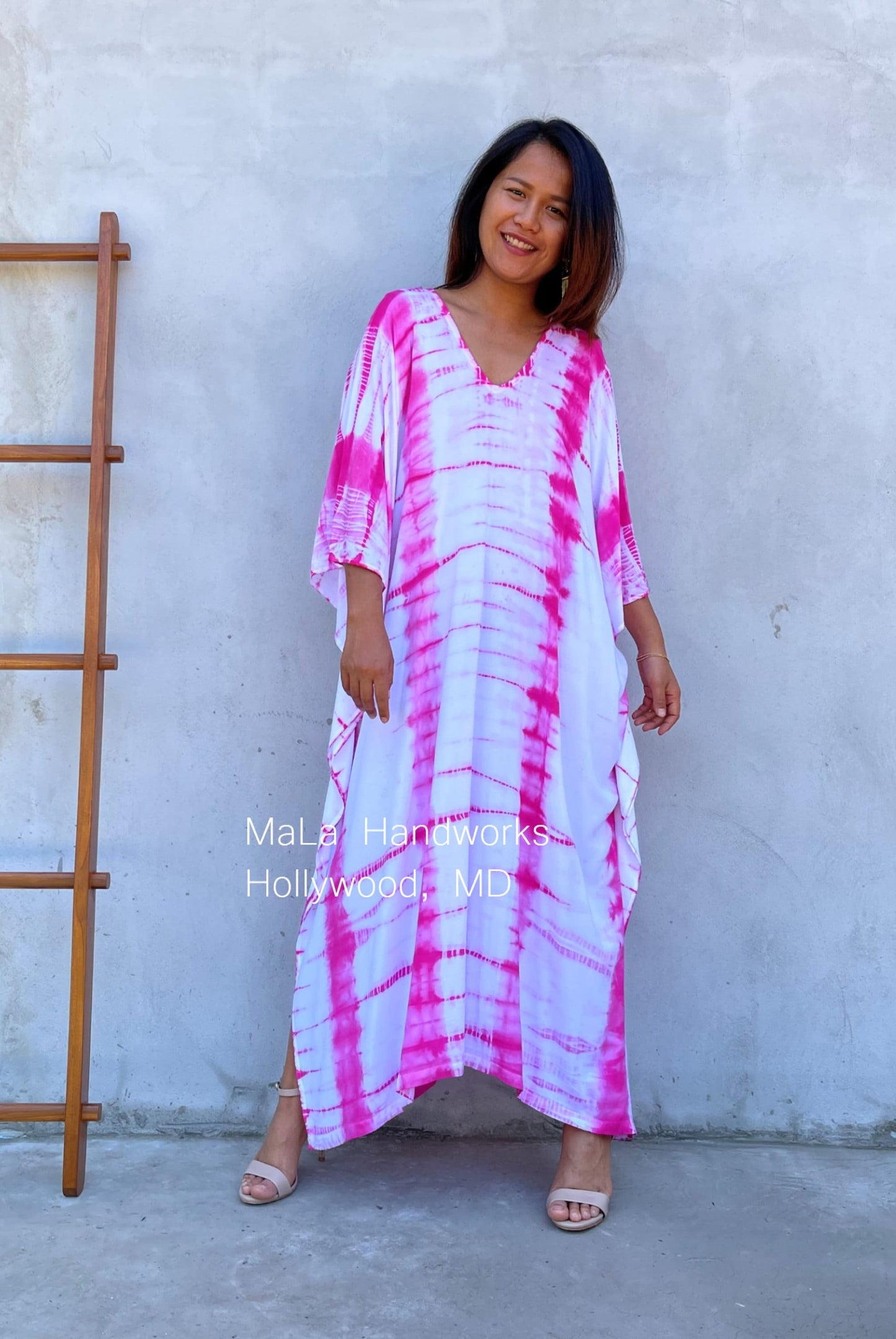 MALA handworks  Mala Kaftan in White and Pink Tie Dye