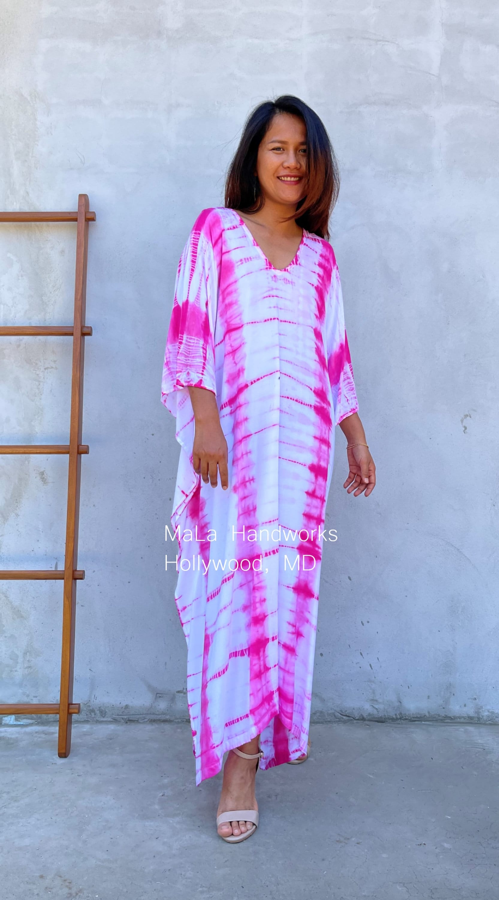 MALA handworks  Mala Kaftan in White and Pink Tie Dye