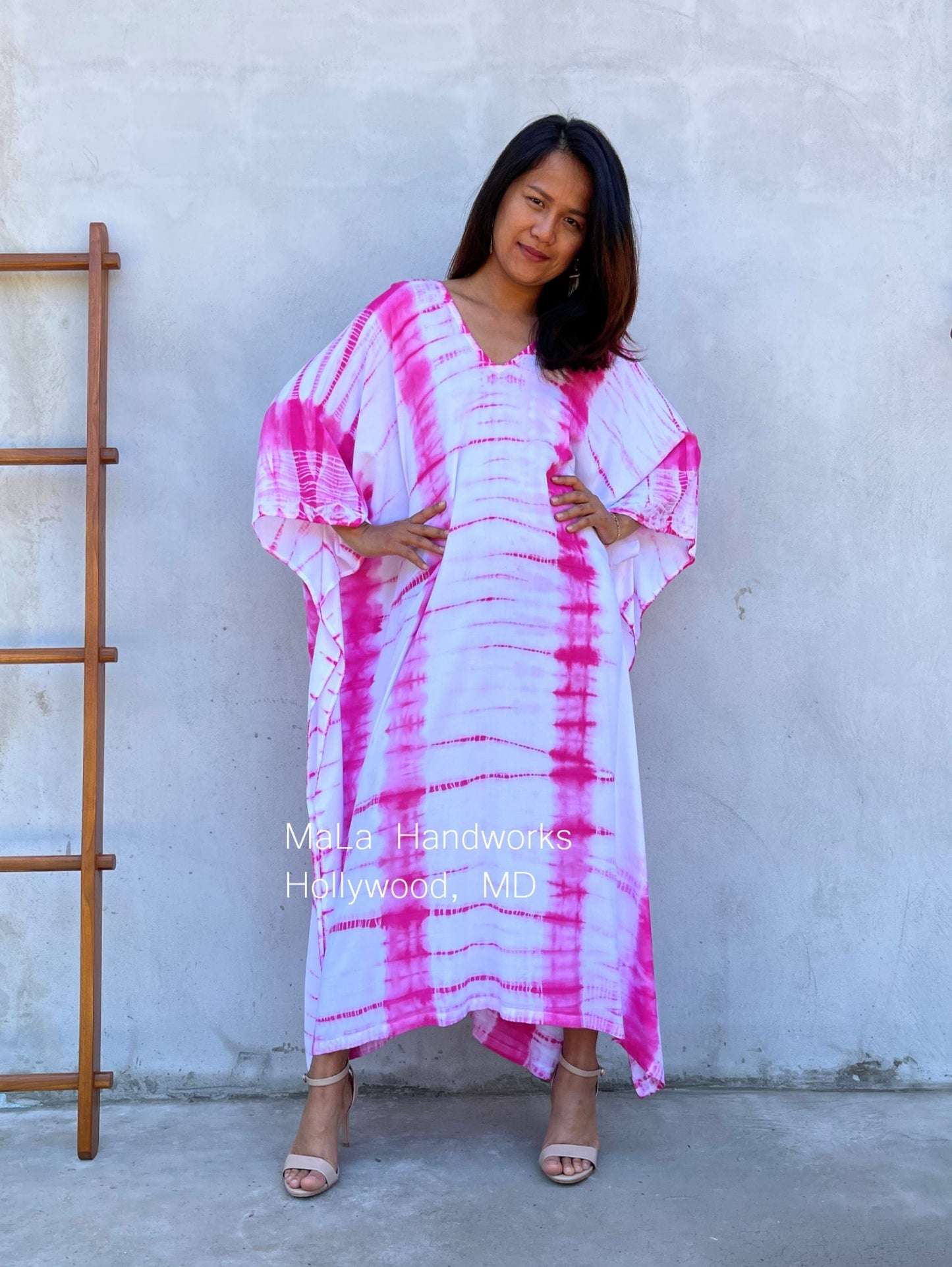 MALA handworks  Mala Kaftan in White and Pink Tie Dye