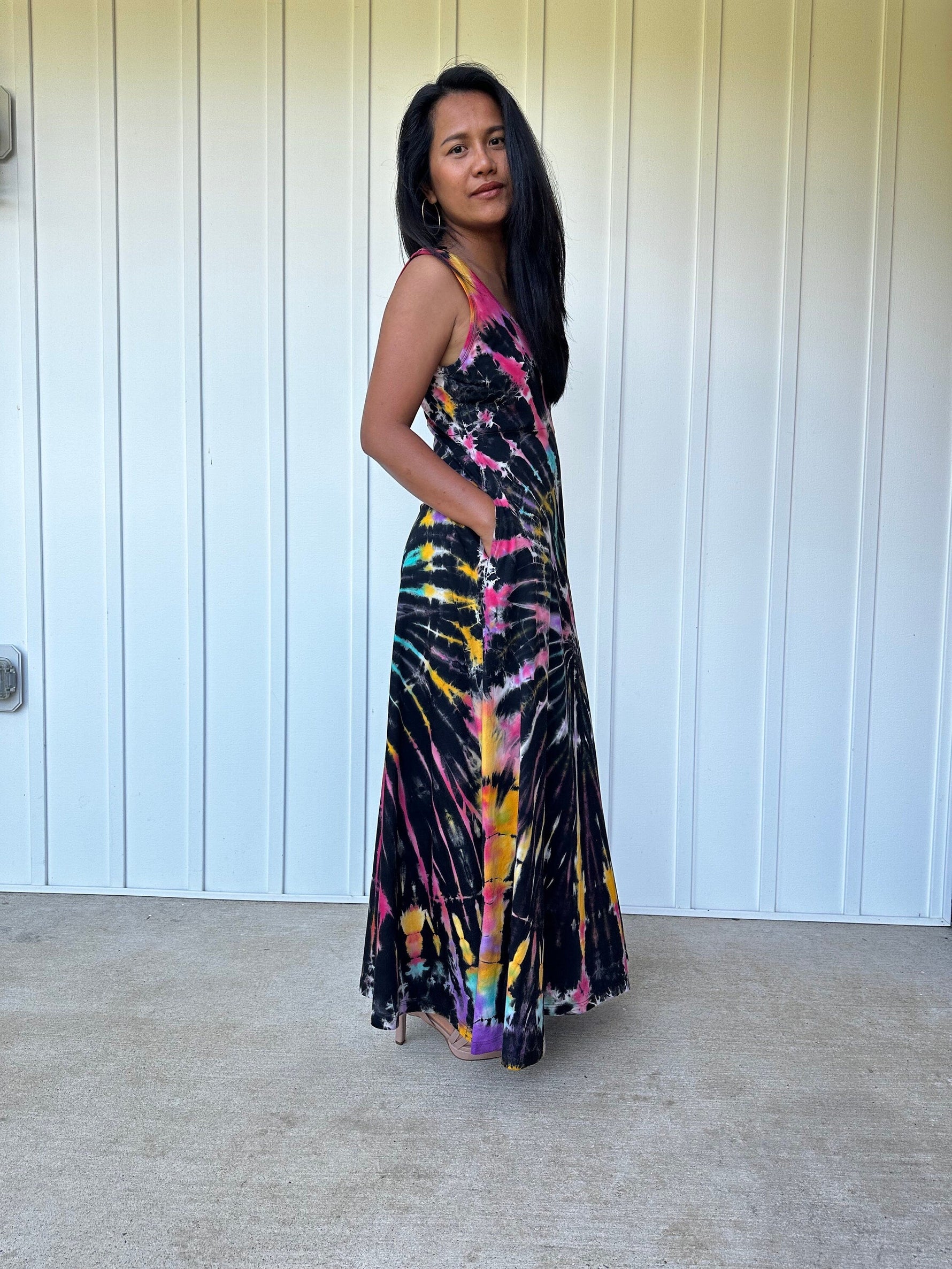 MALA handworks  Maya Dress in Black and Rainbow Tie Dye