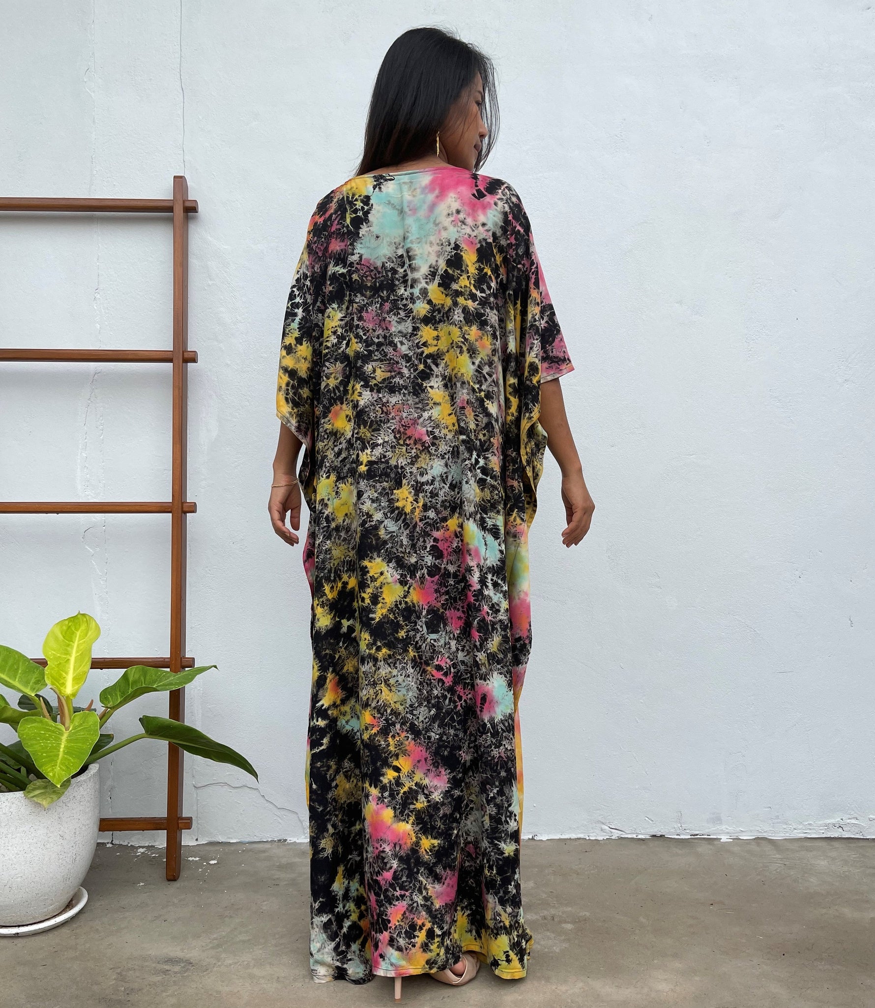 MALA handworks Mia Boat Neck Kaftan in Black and Rainbow Tie Dye