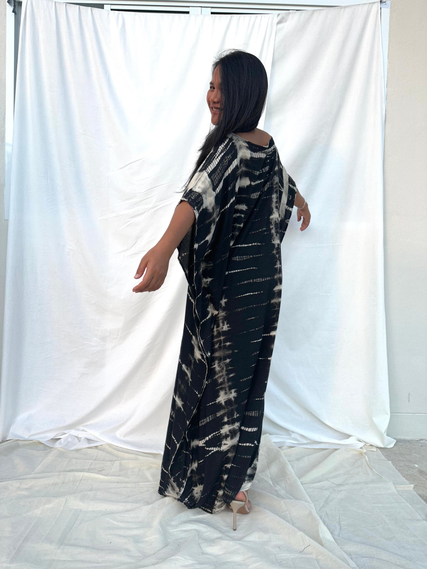 MALA handworks Mia Boat Neck Kaftan in Black Tie Dye