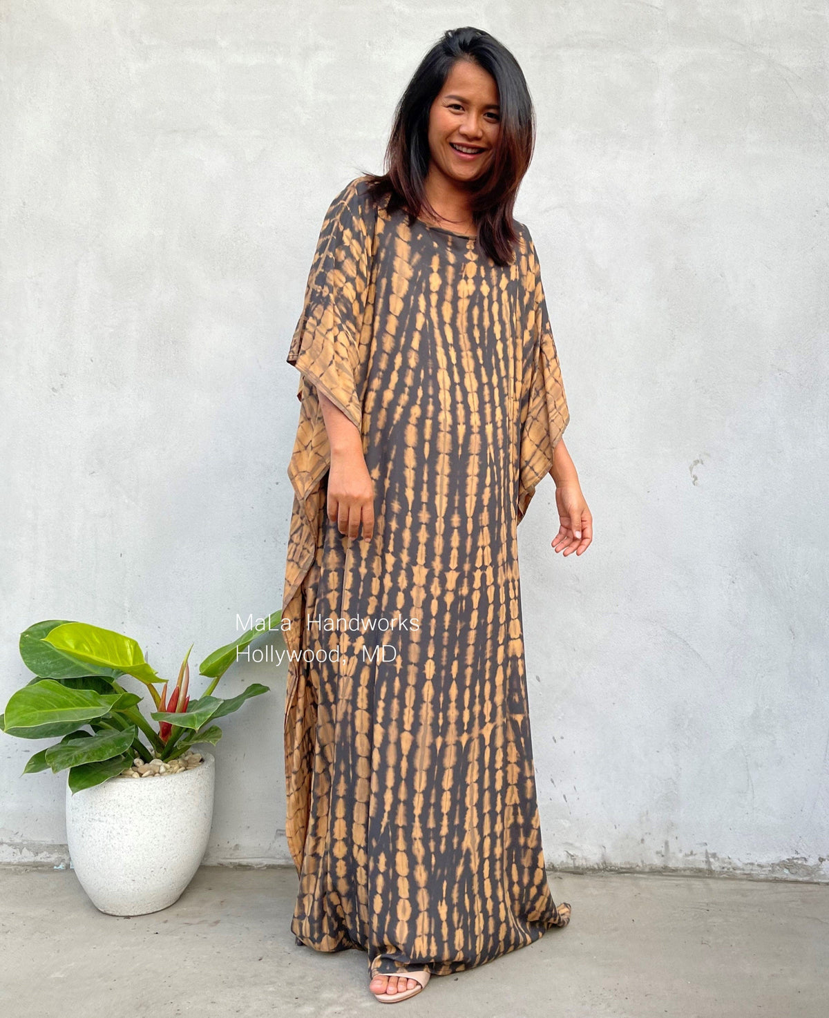 MALA handworks  50 Mia Boat Neck Kaftan in Gray and Brown Tie Dye