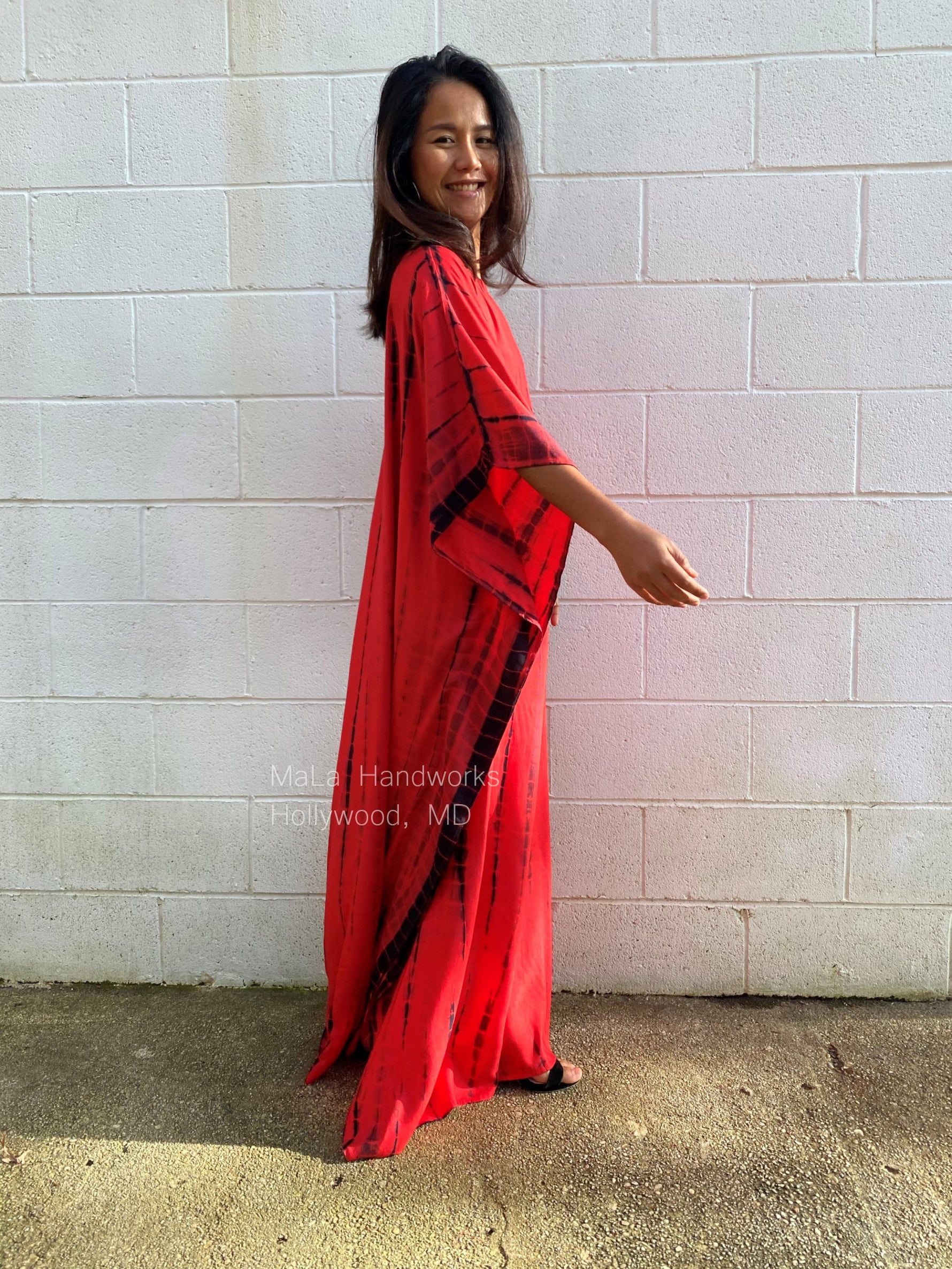 MALA handworks  Mia Boat Neck Kaftan in Red and Black Tie Dye