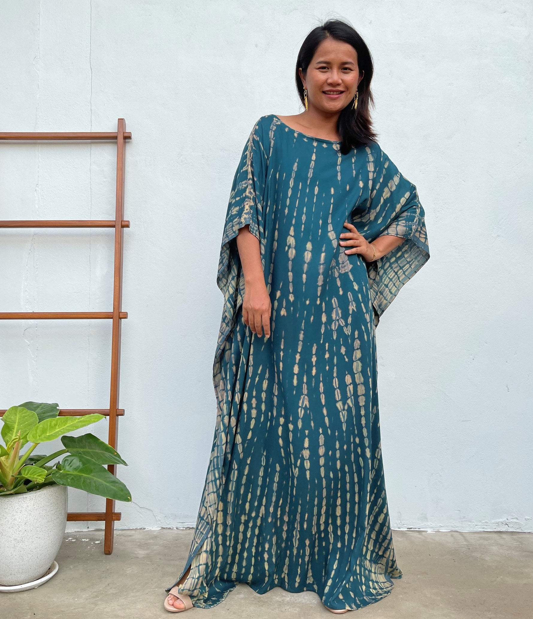 MALA handworks Mia Boat Neck Kaftan in Teal and Gray Tie Dye