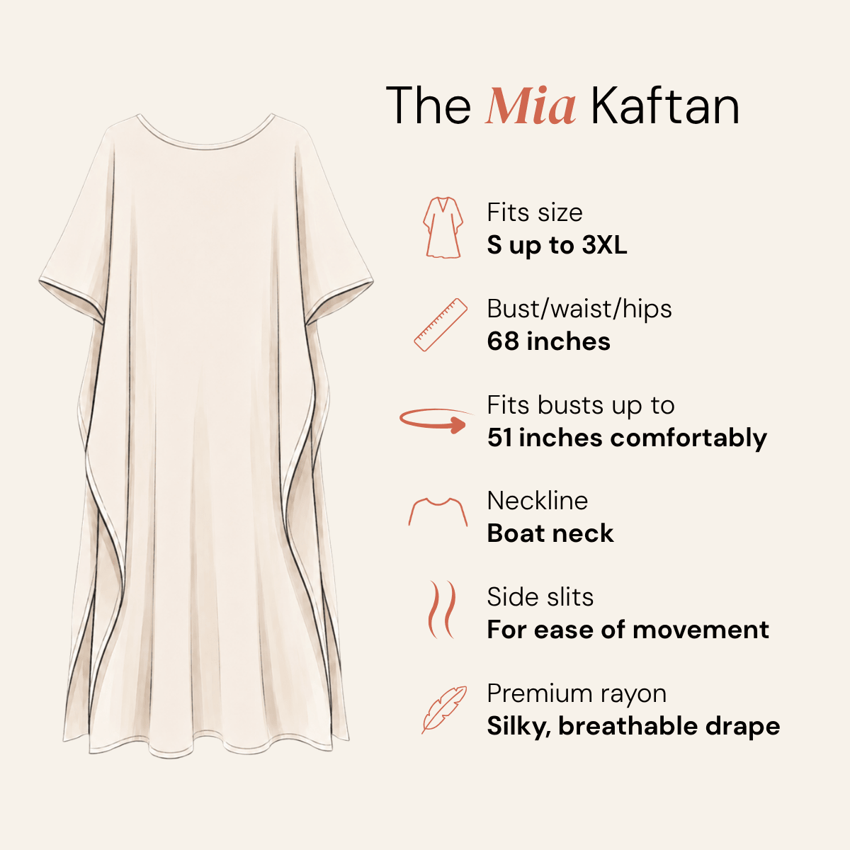 An illustrated product infographic for The Mia Kaftan. On the left is a simple line drawing of a loose, boat neck kaftan dress in a light warm cream tone.