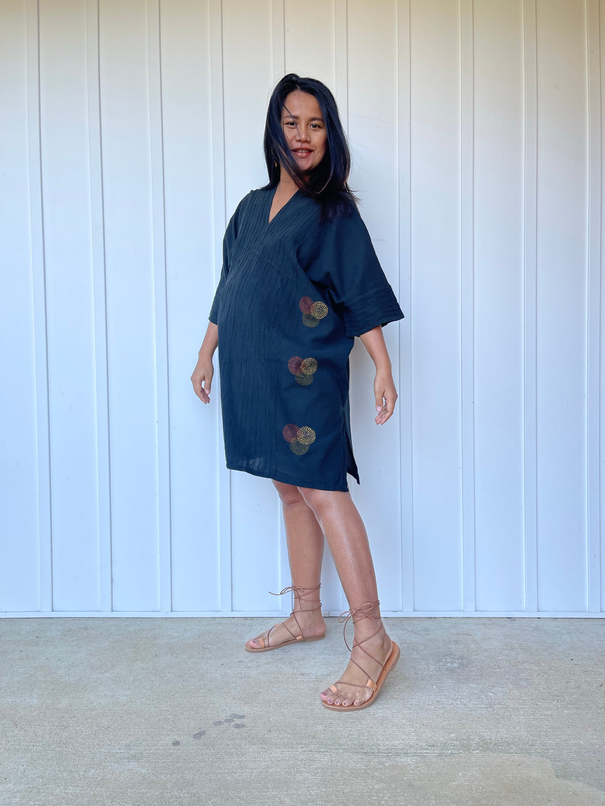 MALA handworks Miyu Midi Dress in Black and Hand Embroidery