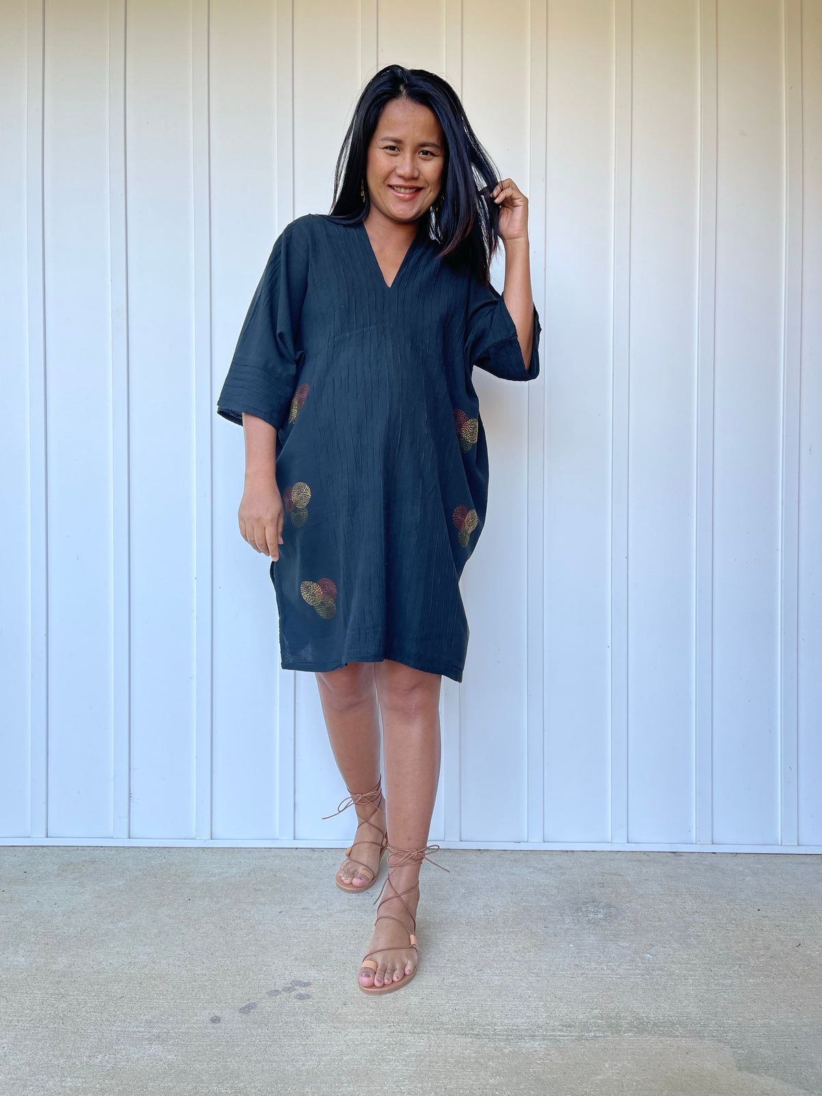 MALA handworks Miyu Midi Dress in Black and Hand Embroidery