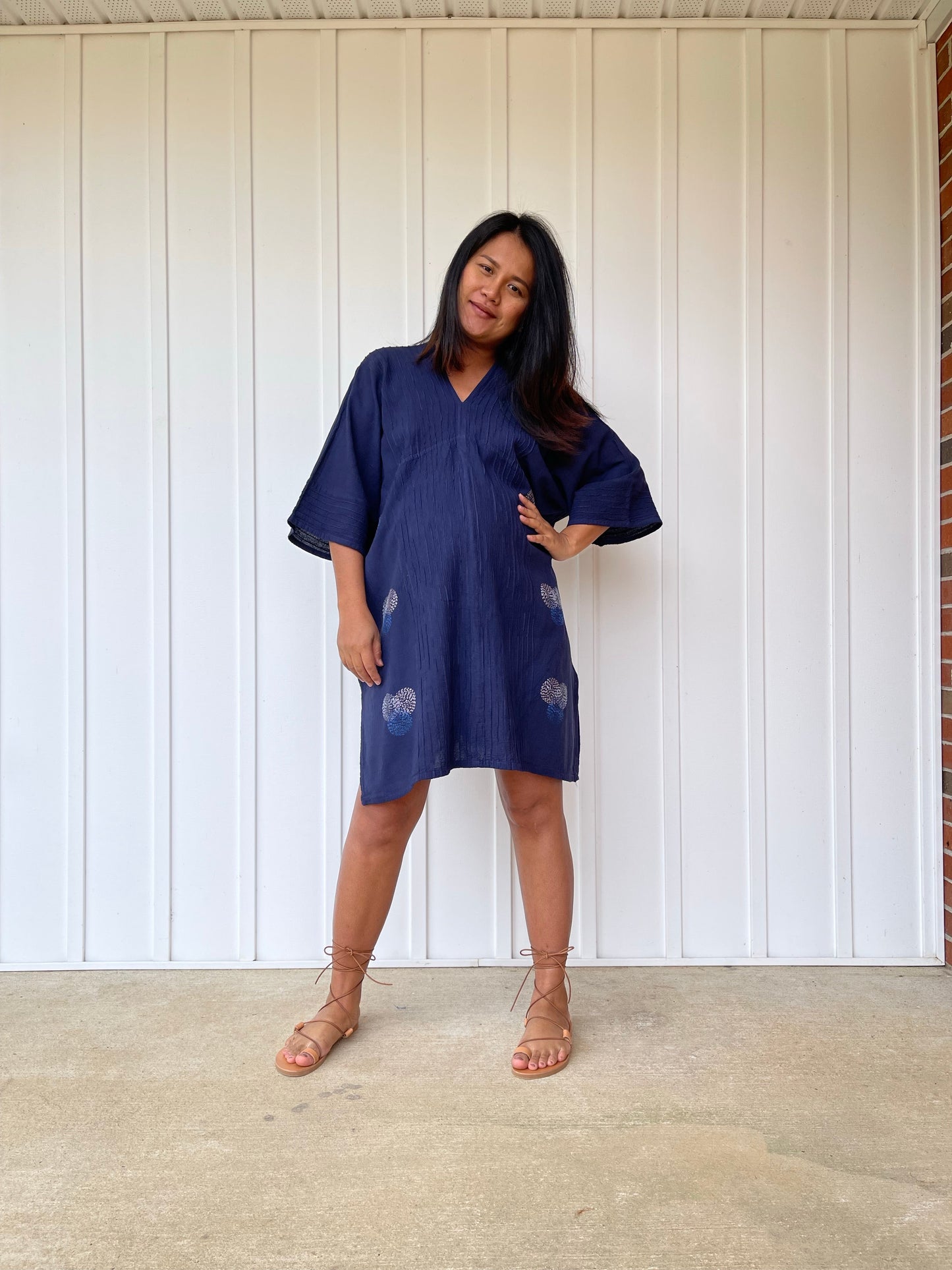 MALA handworks Miyu Midi Dress in Blue and Hand Embroidery