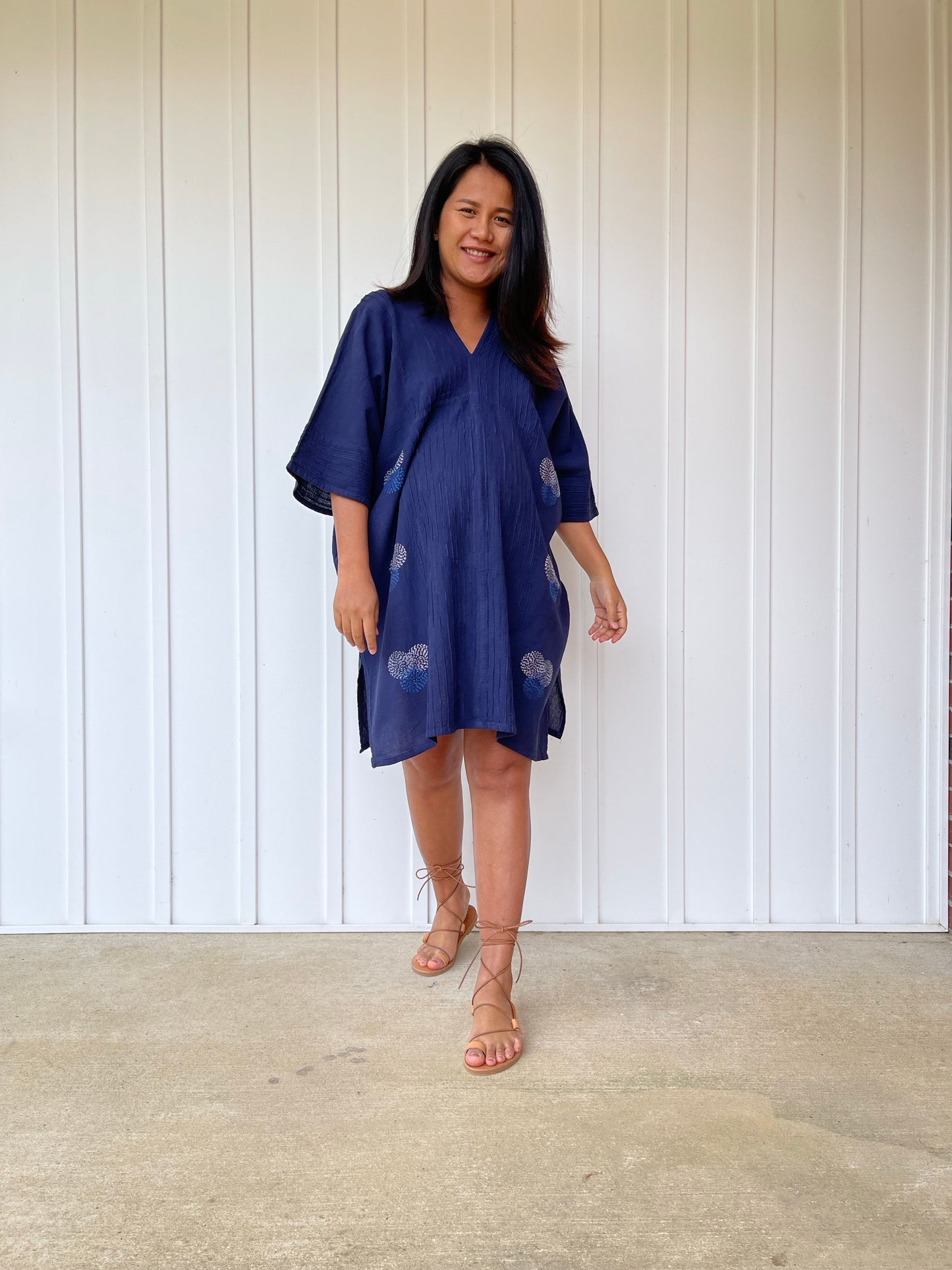 MALA handworks Miyu Midi Dress in Blue and Hand Embroidery