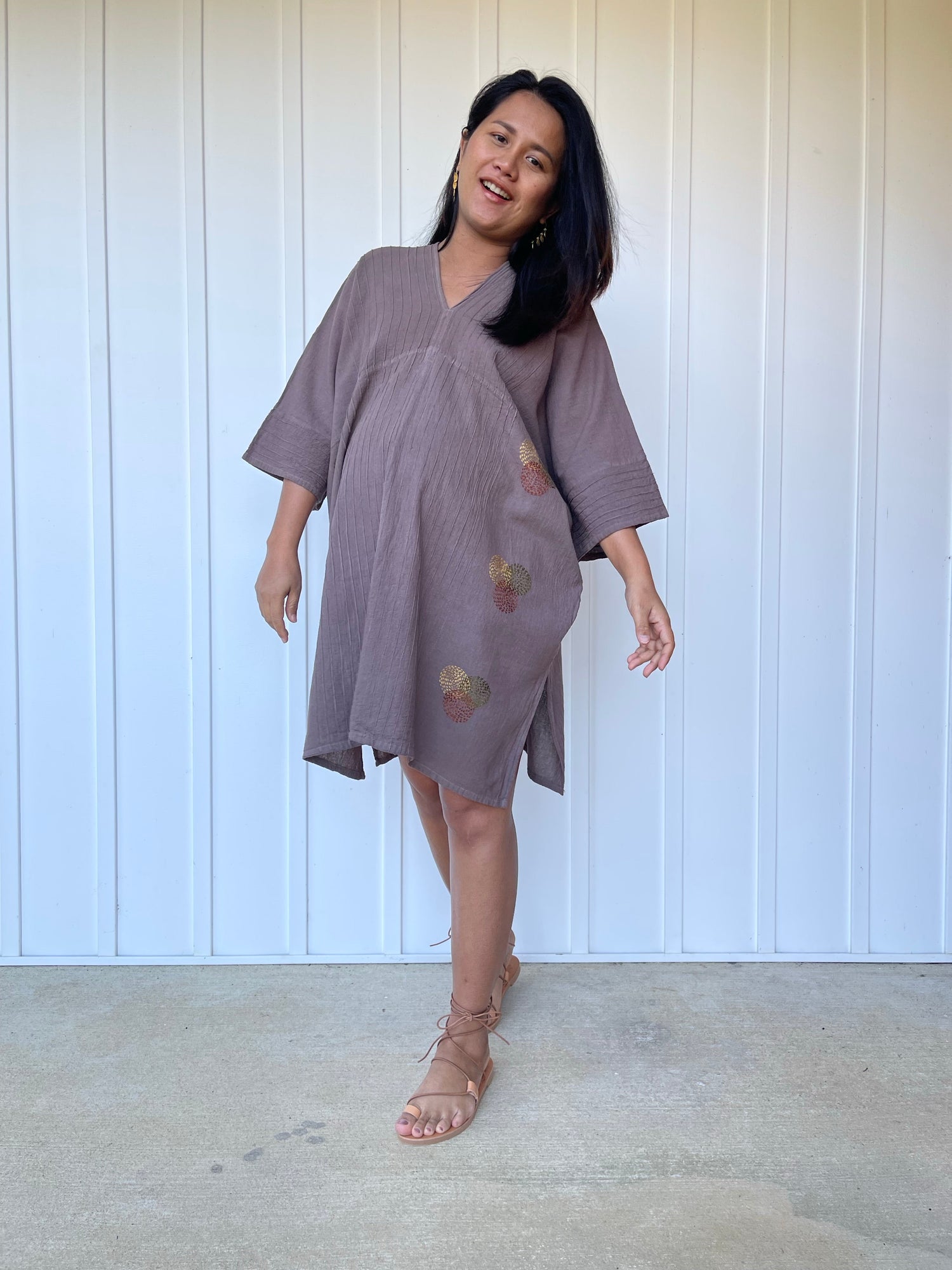 MALA handworks Miyu Midi Dress in Earthy Gray and Hand Embroidery