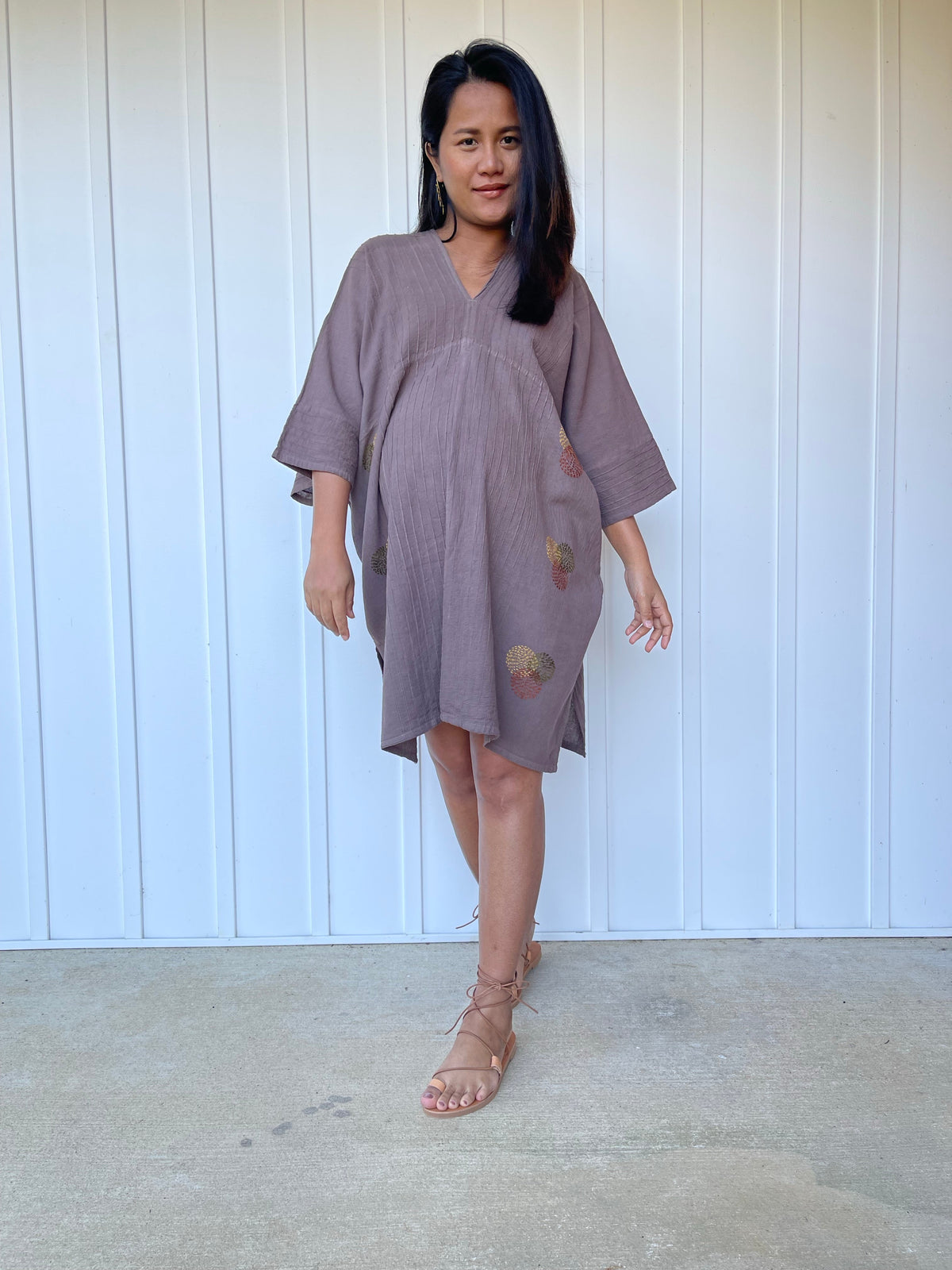 MALA handworks Miyu Midi Dress in Earthy Gray and Hand Embroidery