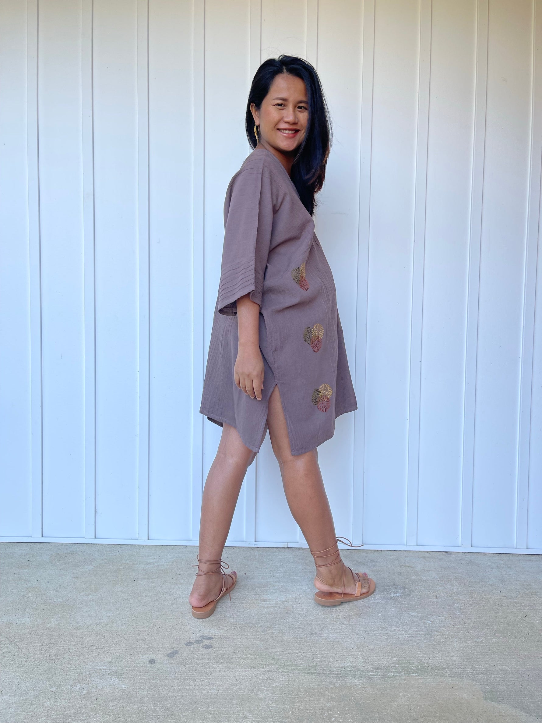 MALA handworks Miyu Midi Dress in Earthy Gray and Hand Embroidery