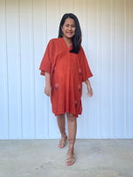 MALA handworks Miyu Midi Dress in Rust Orange and Hand Embroidery