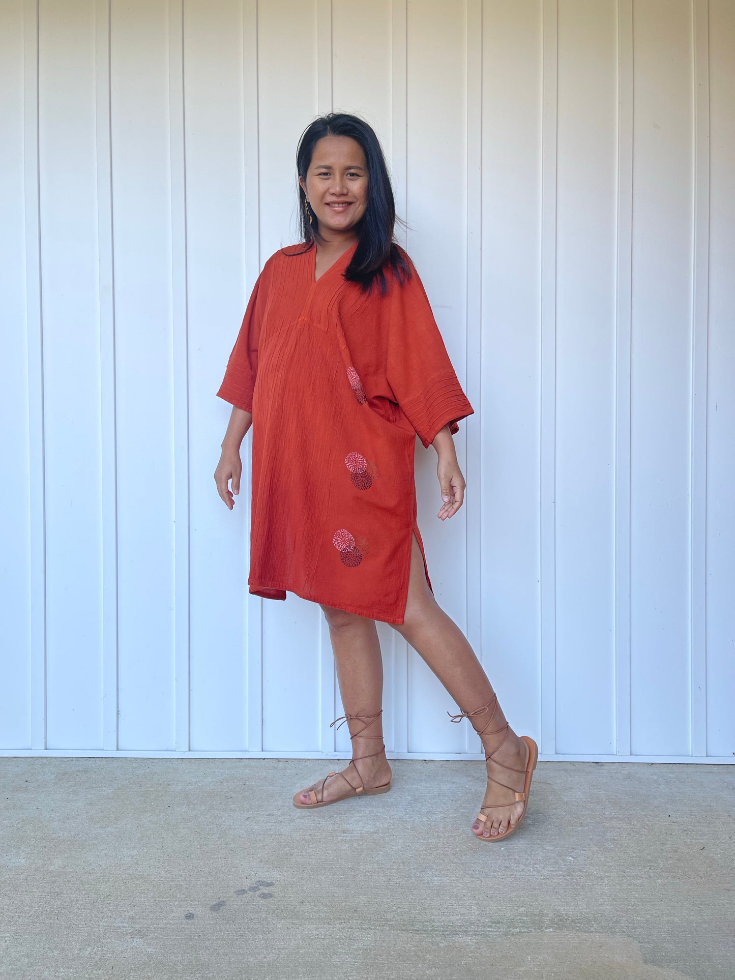 MALA handworks Miyu Midi Dress in Rust Orange and Hand Embroidery
