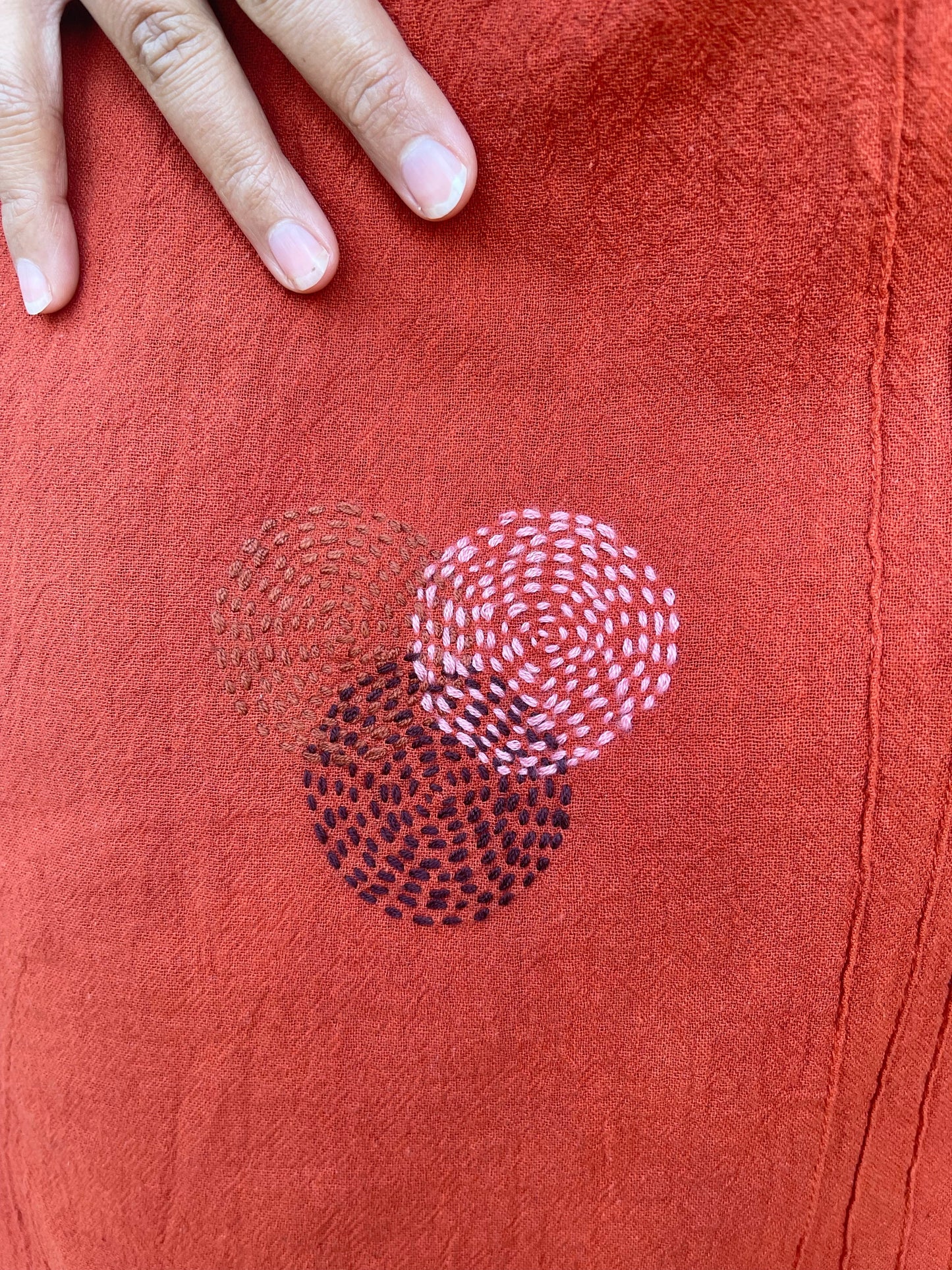 MALA handworks Miyu Midi Dress in Rust Orange and Hand Embroidery