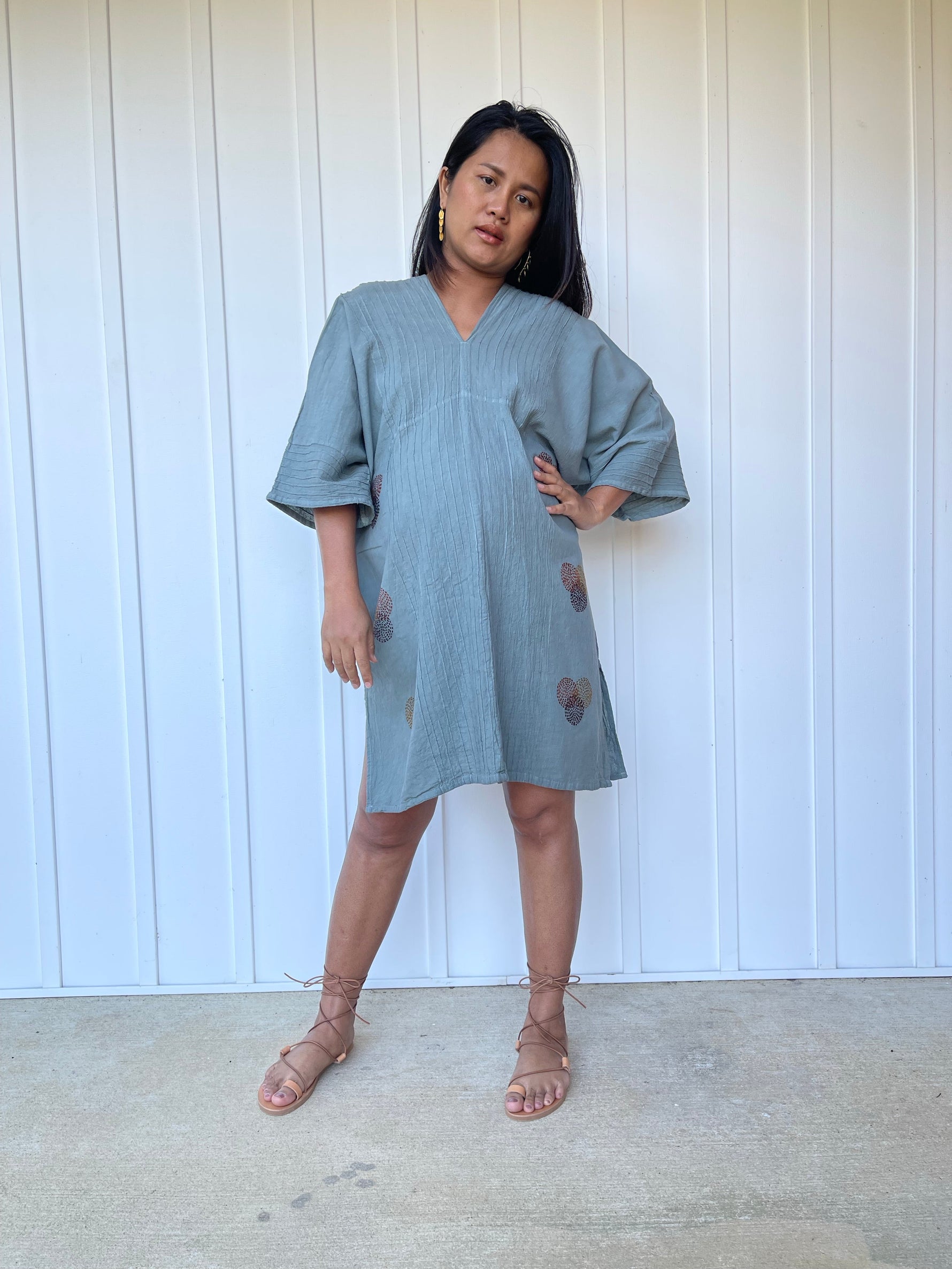 MALA handworks Miyu Midi Dress in Sage Gray and Hand Embroidery