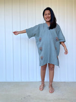 MALA handworks Miyu Midi Dress in Sage Gray and Hand Embroidery