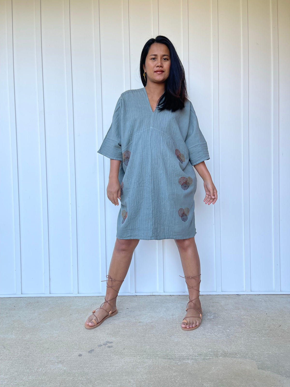 MALA handworks Miyu Midi Dress in Sage Gray and Hand Embroidery