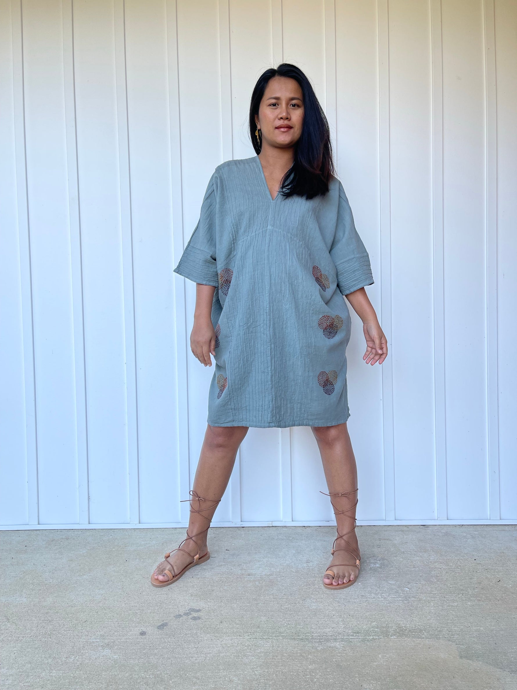 MALA handworks Miyu Midi Dress in Sage Gray and Hand Embroidery