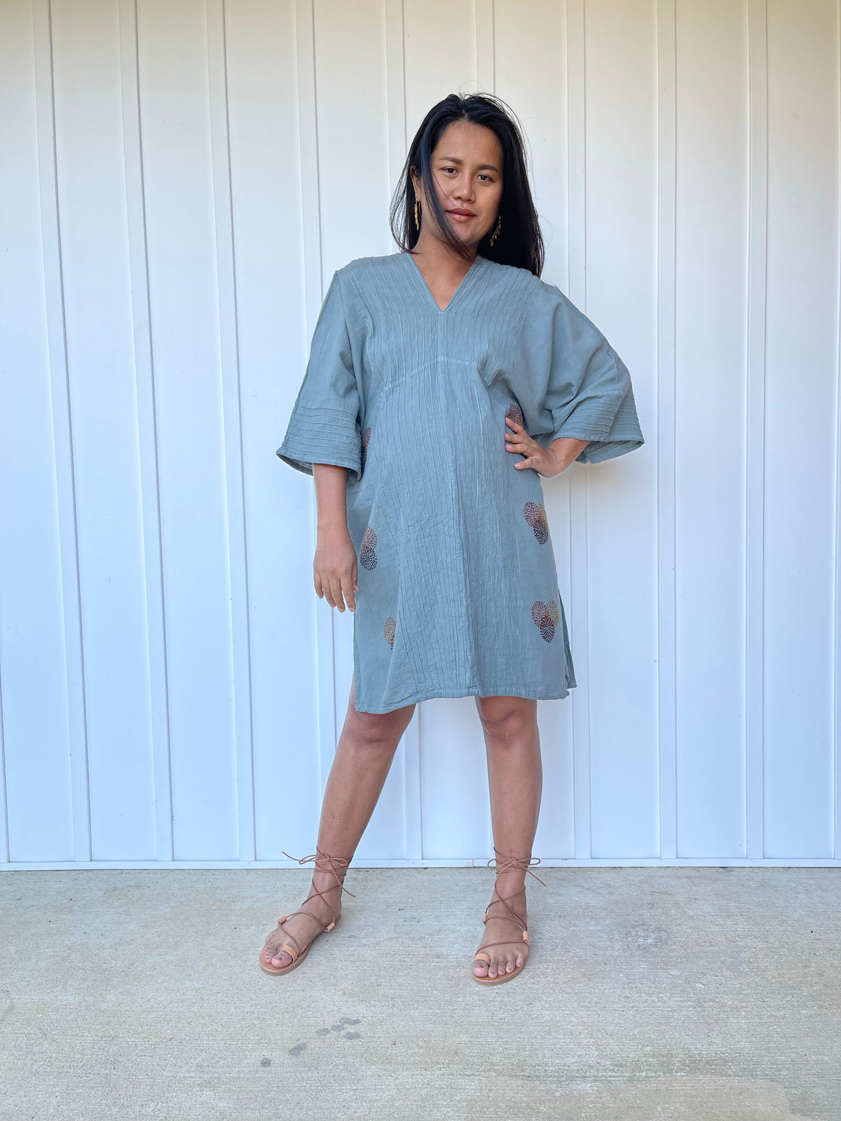 MALA handworks Miyu Midi Dress in Sage Gray and Hand Embroidery