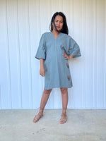 MALA handworks Miyu Midi Dress in Sage Gray and Hand Embroidery