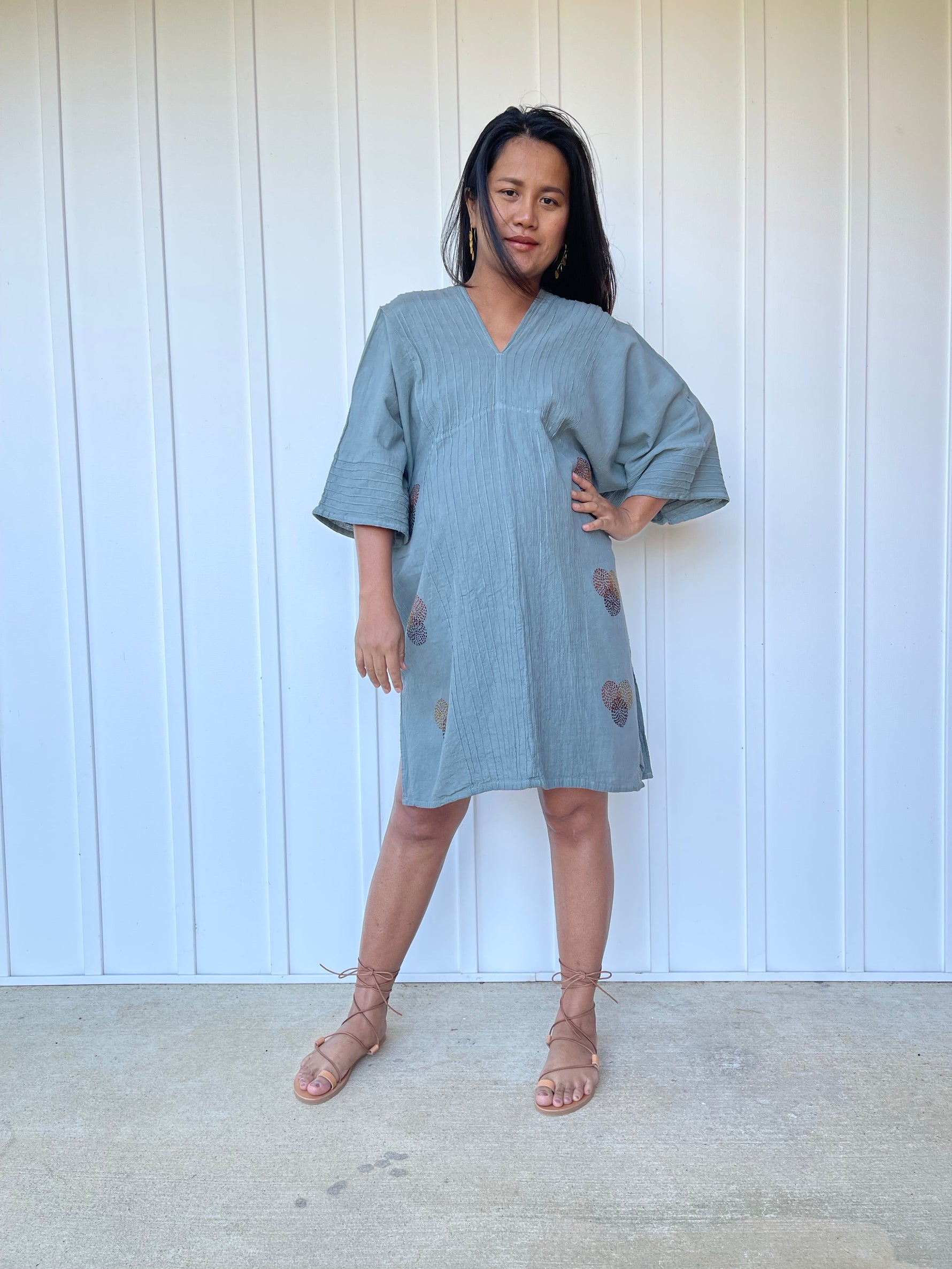 MALA handworks Miyu Midi Dress in Sage Gray and Hand Embroidery