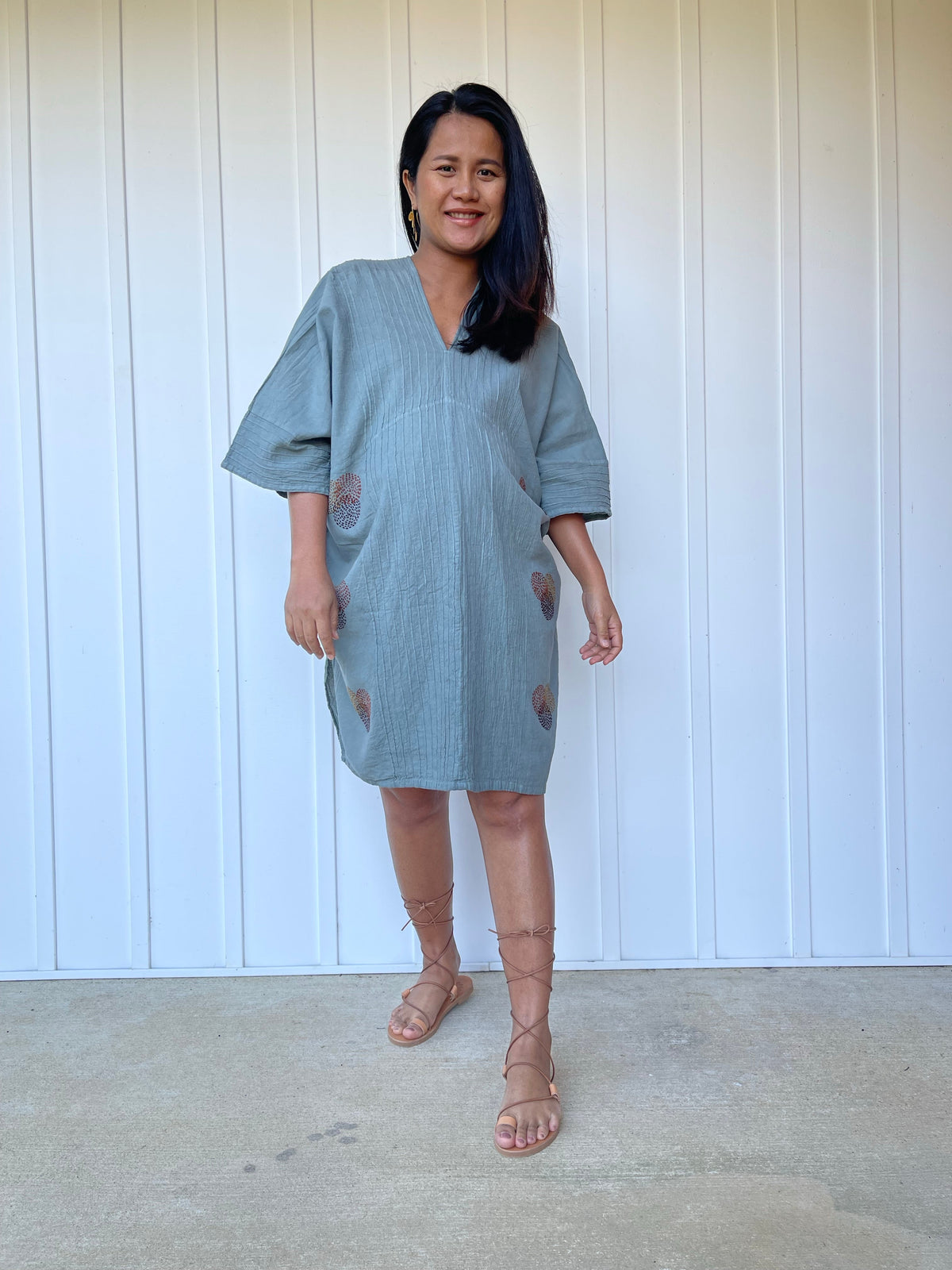 MALA handworks Miyu Midi Dress in Sage Gray and Hand Embroidery