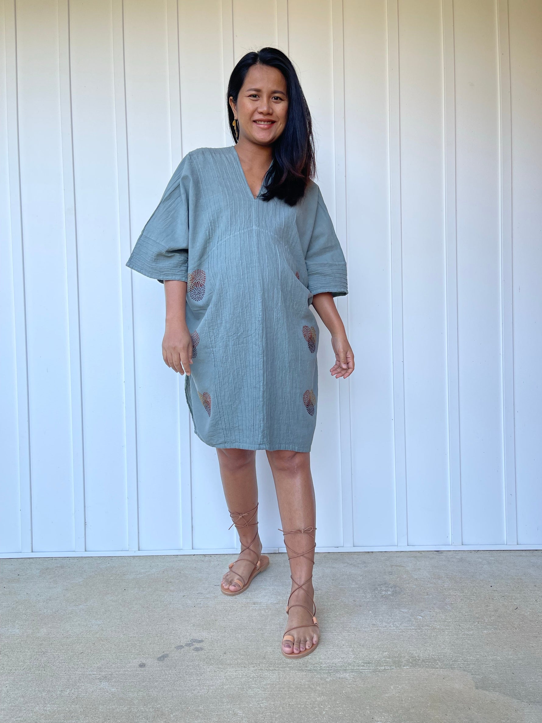 MALA handworks Miyu Midi Dress in Sage Gray and Hand Embroidery