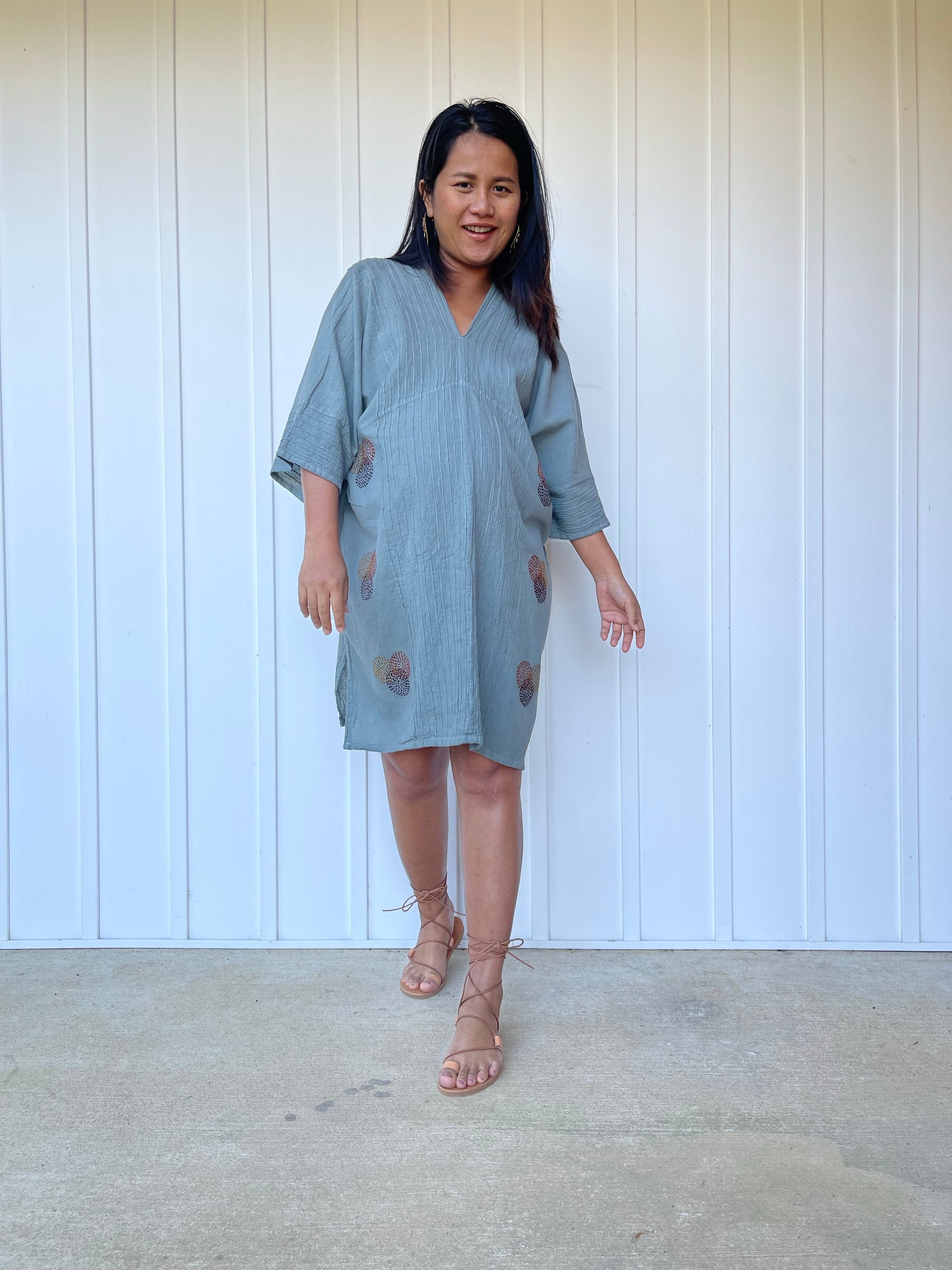 MALA handworks Miyu Midi Dress in Sage Gray and Hand Embroidery