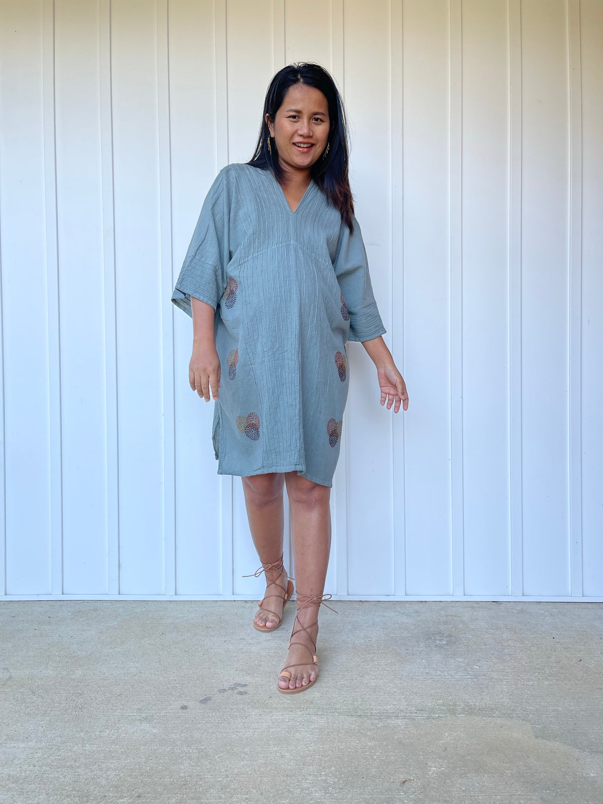 MALA handworks Miyu Midi Dress in Sage Gray and Hand Embroidery