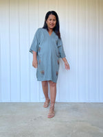MALA handworks Miyu Midi Dress in Sage Gray and Hand Embroidery
