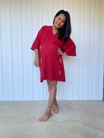 MALA handworks Miyu Midi Dress in Wine Red and Hand Embroidery