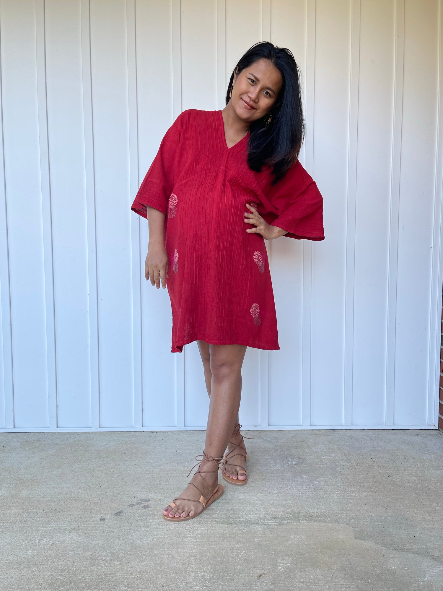 MALA handworks Miyu Midi Dress in Wine Red and Hand Embroidery