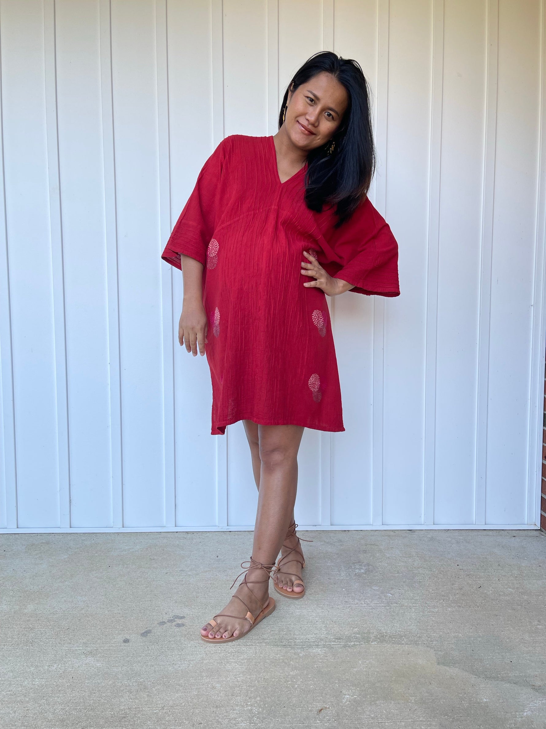 MALA handworks Miyu Midi Dress in Wine Red and Hand Embroidery
