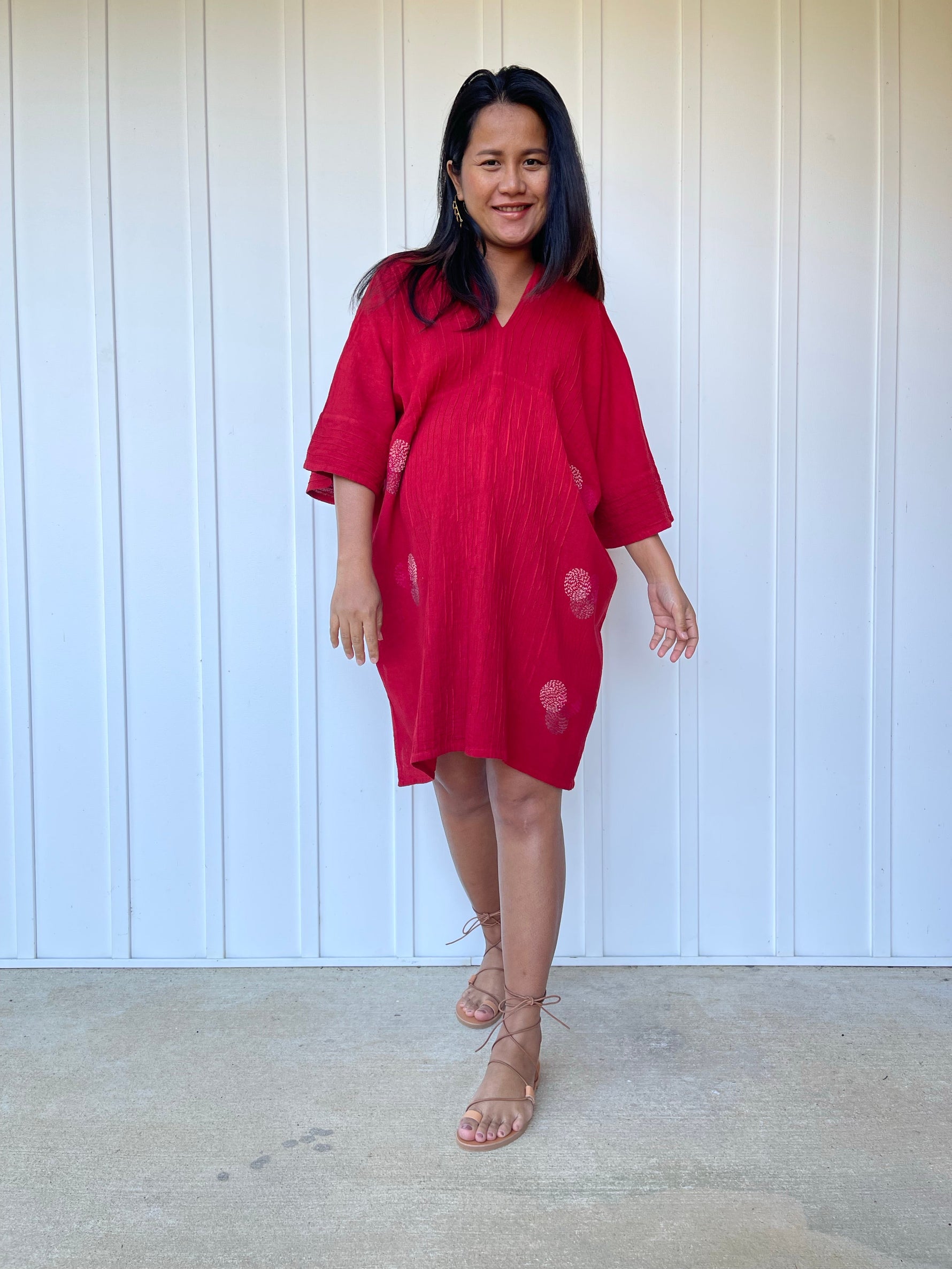 MALA handworks Miyu Midi Dress in Wine Red and Hand Embroidery