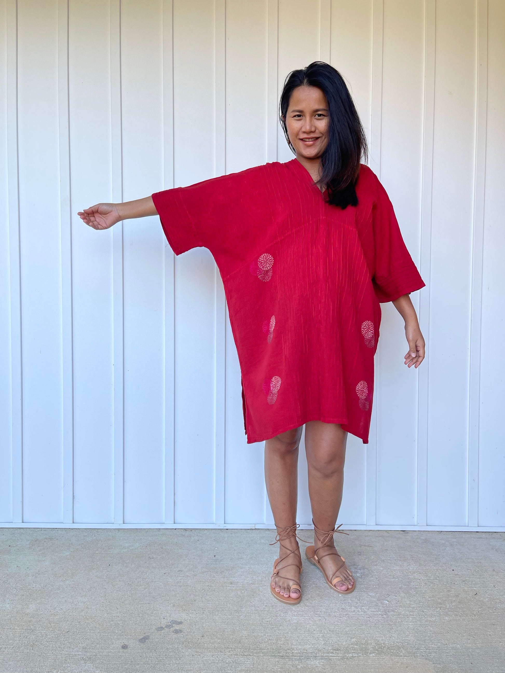 MALA handworks Miyu Midi Dress in Wine Red and Hand Embroidery