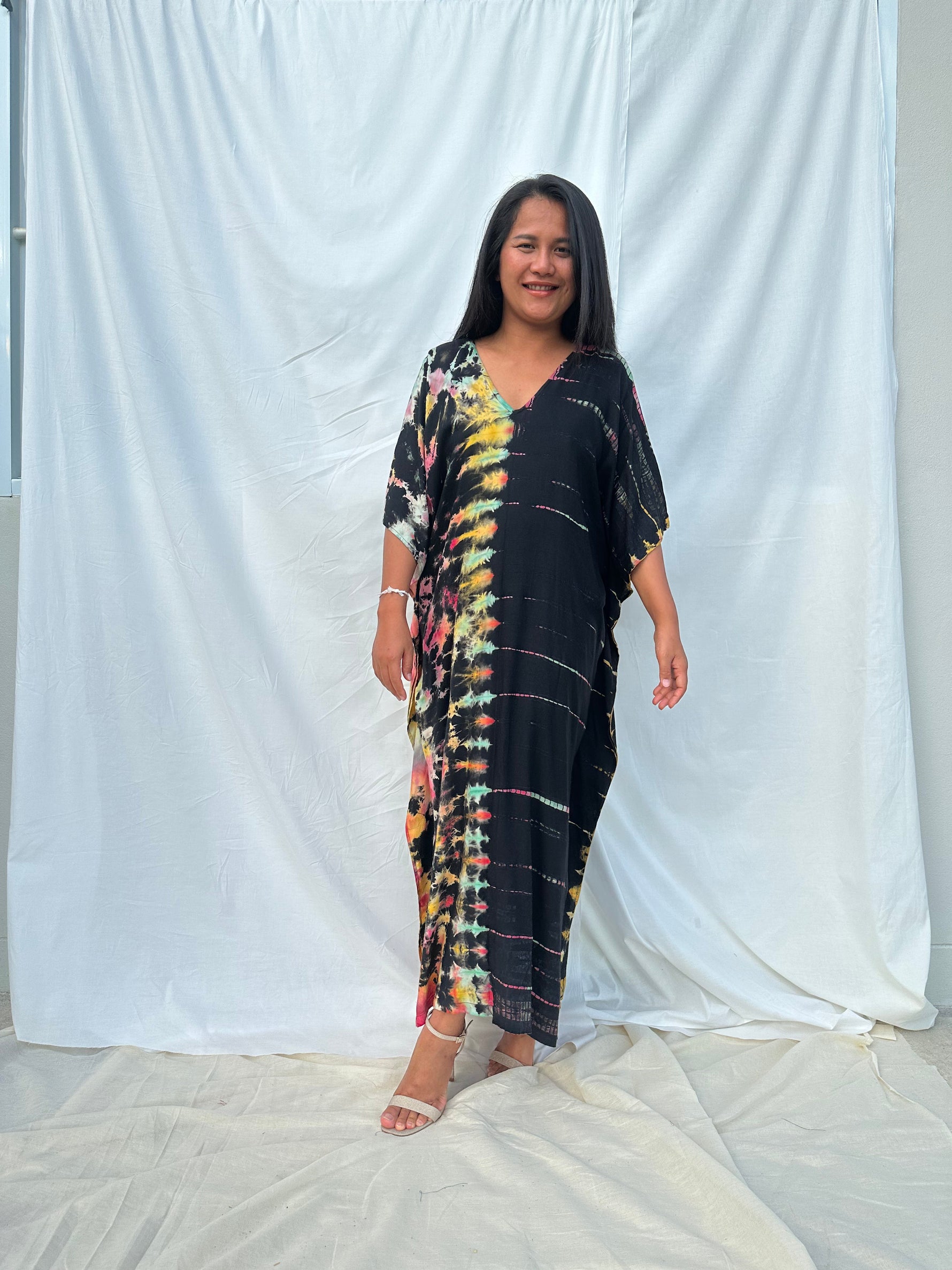 MALA handworks Nora Kaftan in Black and Rainbow Tie Dye