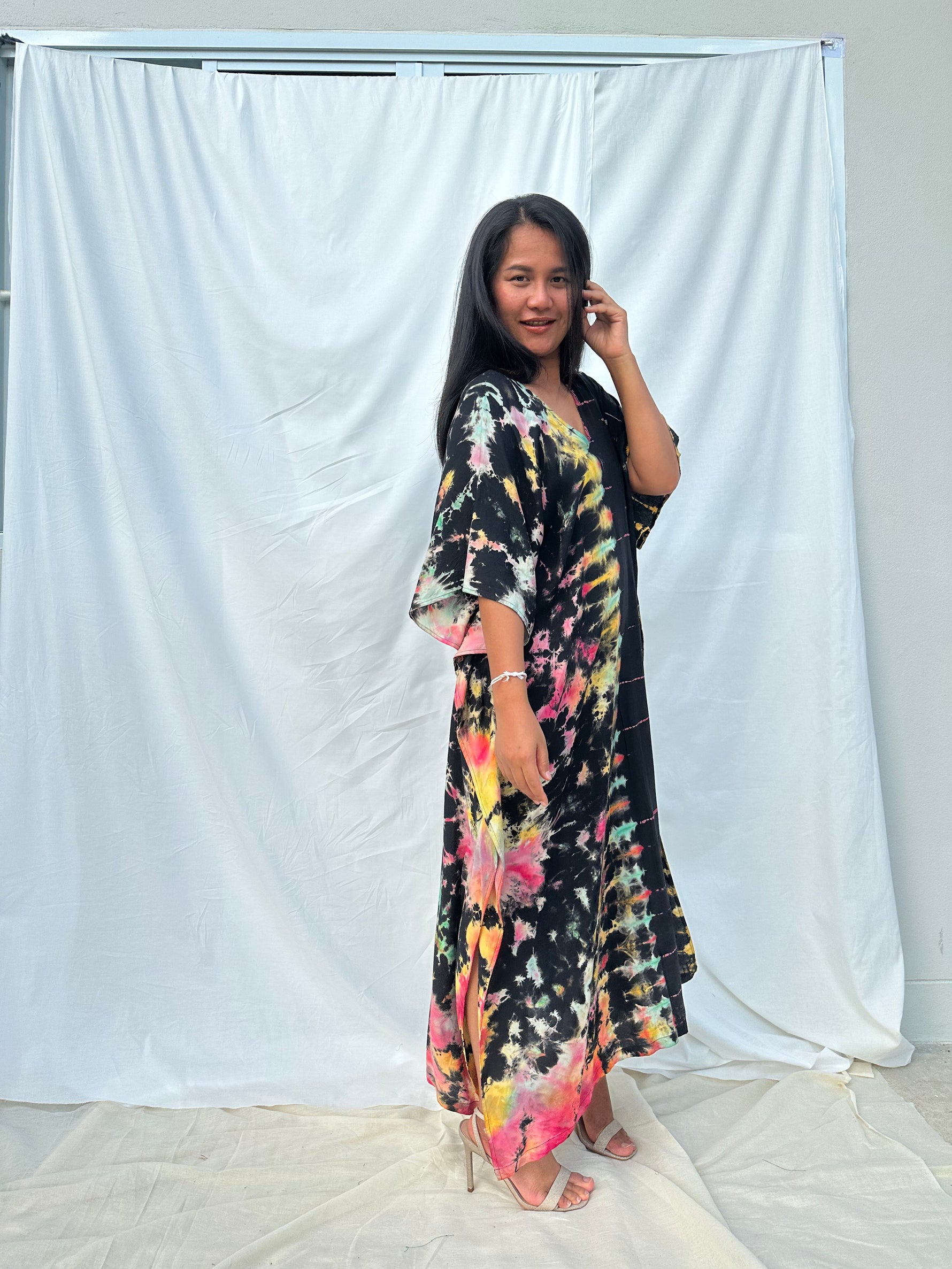 MALA handworks Nora Kaftan in Black and Rainbow Tie Dye