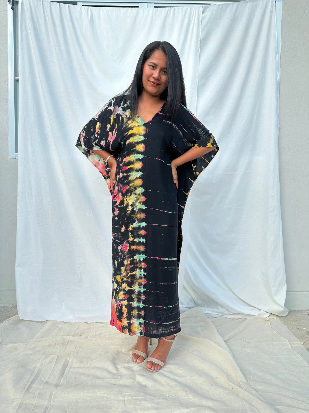 MALA handworks Nora Kaftan in Black and Rainbow Tie Dye