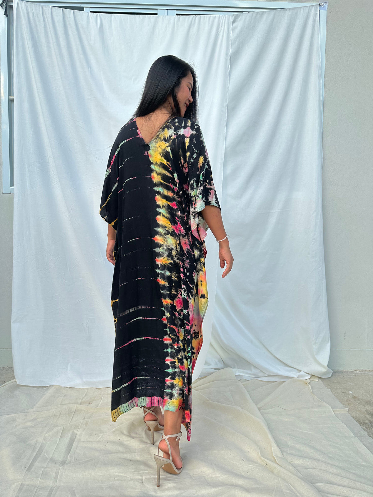 MALA handworks Nora Kaftan in Black and Rainbow Tie Dye