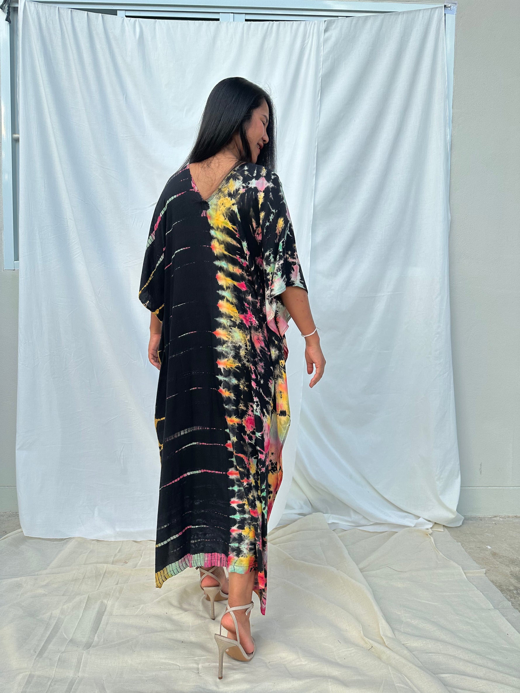 MALA handworks Nora Kaftan in Black and Rainbow Tie Dye
