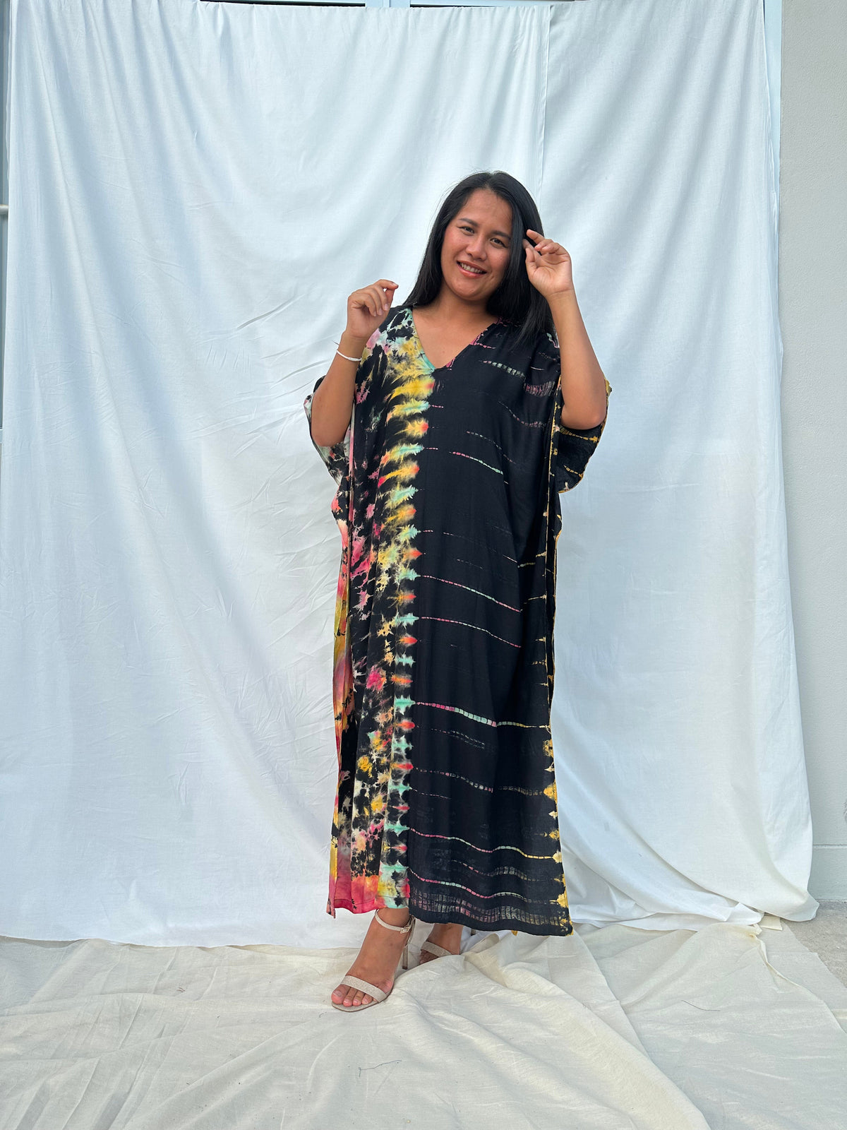 MALA handworks Nora Kaftan in Black and Rainbow Tie Dye