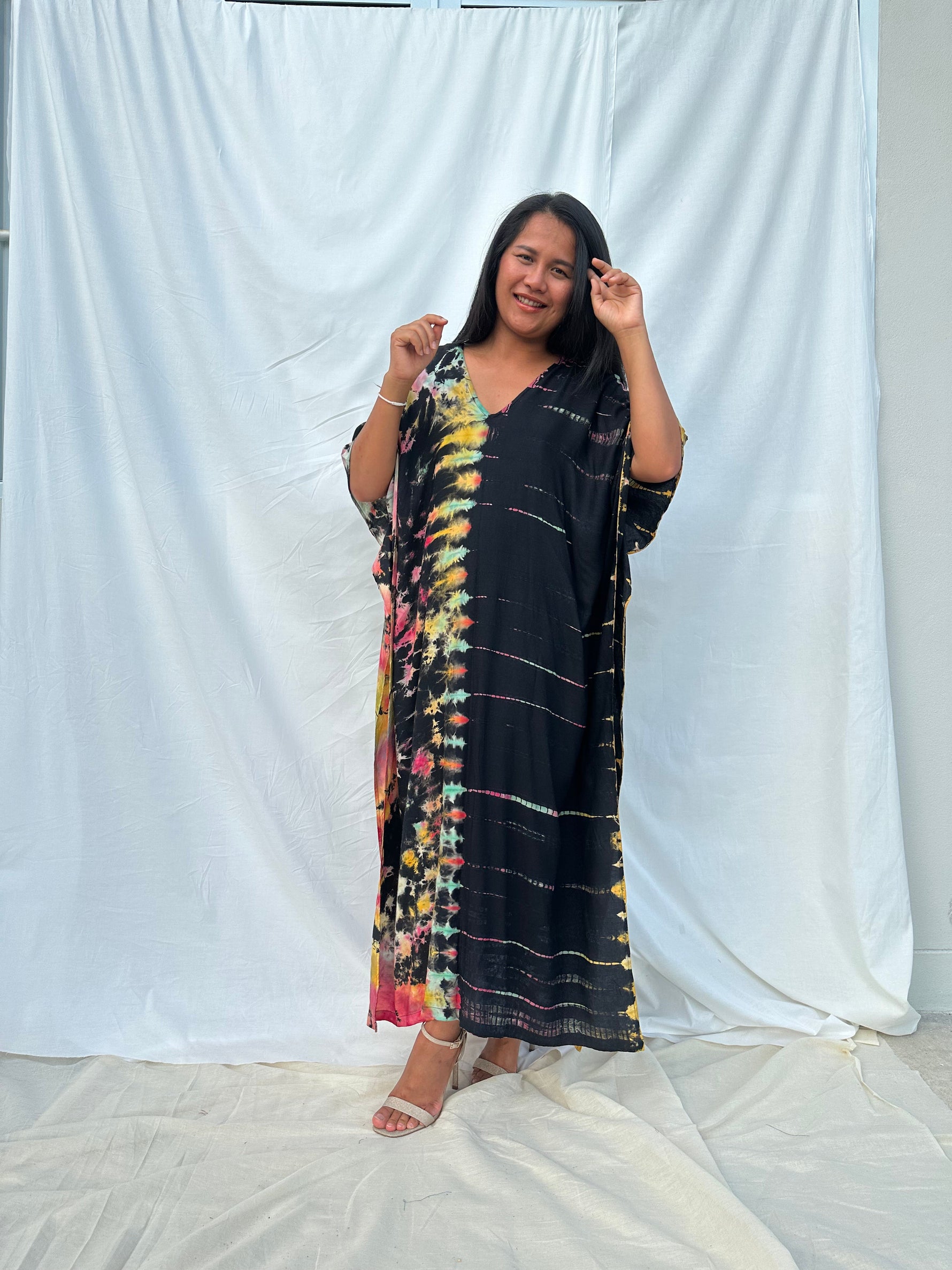 MALA handworks Nora Kaftan in Black and Rainbow Tie Dye