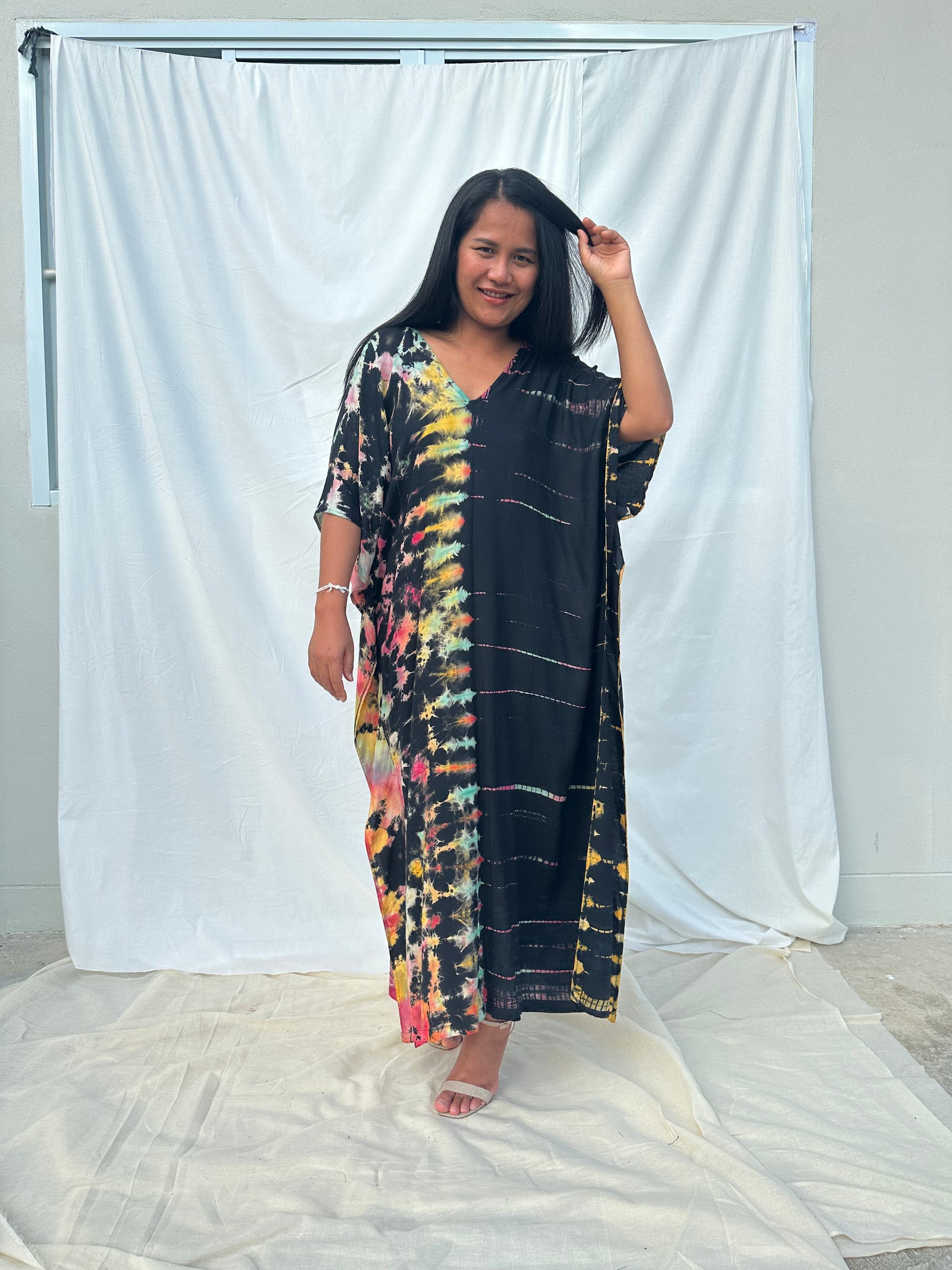 MALA handworks Nora Kaftan in Black and Rainbow Tie Dye